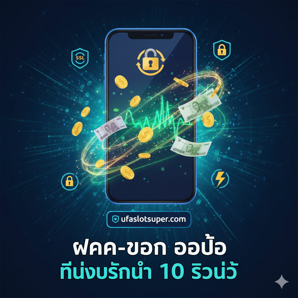 ภาพที่เน้นย้ำถึงความมั่นคงทางการเงินและระบบอัตโนมัติ: แสดงองค์ประกอบของเงิน (เหรียญทองหรือธนบัตร) ที่ไหลเข้า-ออกอย่างรวดเร็วจากโทรศัพท์มือถือที่ปลอดภัย (มีไอคอนแม่กุญแจ) ตรงกลางมีข้อความ 'ฝาก-ถอน ออโต้ ไม่มีขั้นต่ำ 10 วินาที' เป็นจุดโฟกัสหลัก ใช้สีน้ำเงินและสีเขียวเป็นหลักเพื่อสื่อถึงความน่าเชื่อถือ ความปลอดภัย (SSL) และความรวดเร็วในการทำธุรกรรมทางการเงิน
