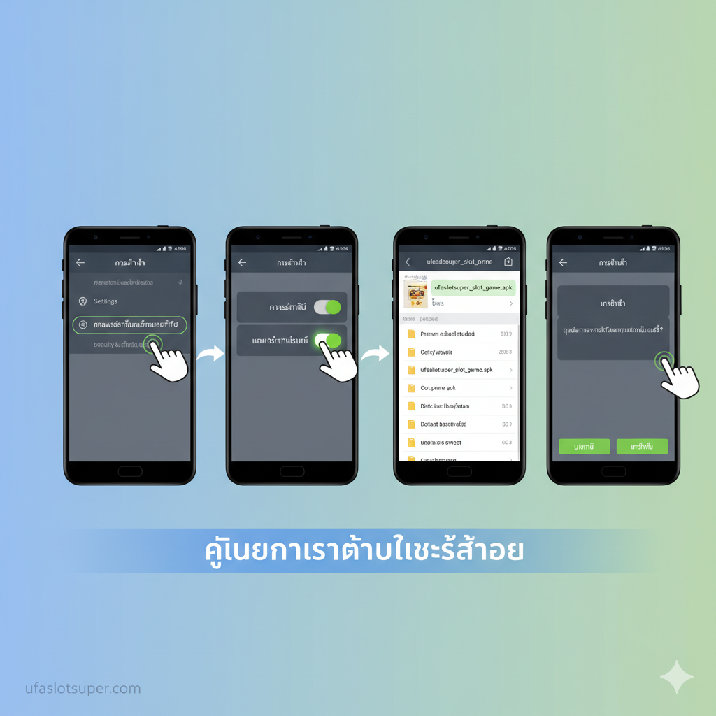 รูปภาพสำหรับการสอนการติดตั้งอย่างชัดเจน ใช้สไตล์ผังงานเป็นขั้นตอน แสดงภาพหน้าจอโทรศัพท์ 3 หรือ 4 รูปเพื่อจำลองขั้นตอนการติดตั้ง: 1. เข้าไปที่ “Settings (การตั้งค่า)” 2. เปิด “Unknown Sources (แหล่งที่มาที่ไม่รู้จัก)” 3. คลิกไฟล์ “.apk” เพื่อเริ่มการติดตั้ง ใช้ลูกศรและตัวเลขระบุขั้นตอนการทำงานอย่างชัดเจน ใช้สีฟ้าหรือเขียวอ่อนเพื่อให้ดูง่ายและมีความเป็นมืออาชีพ มีข้อความภาษาไทยกำกับว่า “คู่มือการติดตั้งทีละขั้นตอน” ที่ด้านล่าง