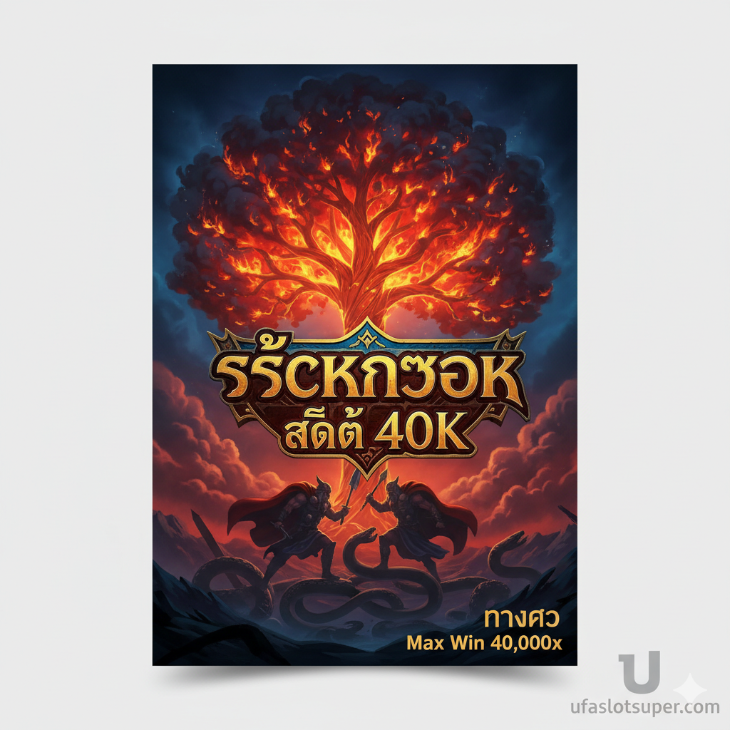 一张史诗级的游戏封面图،以北欧神话的“诸神黄昏”(Ragnarök)为主题。画面中央是游戏的主Logo(Ragnarök Slot 40K),背景是燃烧的巨树伊格ดราซิล(Yggdrasil)和雷神索尔(Thor)与巨蛇耶梦加得(Jörmungandr)战斗的剪影。整体色调为深蓝、火焰红和金色,营造出末日与战争的宏大感。ใน底部角落或以水印形式,巧妙地融合 ufaslotsuper.com 的品牌元素,强调“ทางเข้า”和“Max Win 40,000x”。构图采用中心聚焦,突出主题和高额奖励。