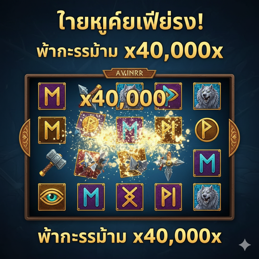 一张强调游戏核心功能(Avalanche/Tumble 和 40,000x Max Win)的截图或概念图。展示一个6x4或6x5的网格游戏画面,其中一组获胜符号正在爆裂消失(Tumble/Avalanche 效果),并伴有巨大的金色数字“x40,000”或“ตัวคูณเพิ่มขึ้น”在屏幕上方或侧边亮起。画面元素包括北欧符文、神祇武器符号、以及一个显眼的 Scatter 符号(可能是巨狼芬里尔或奥丁之眼)。色彩明亮且对比强烈,突出功能带来的高爆发潜力。风格应为高质量的3D渲染。