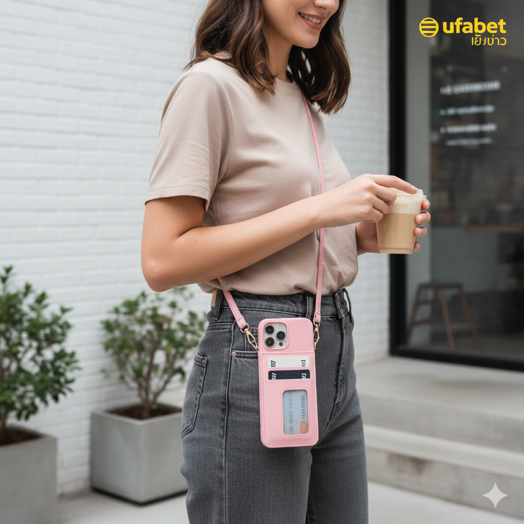 ภาพสไตล์แฟชั่น/ไลฟ์สไตล์ (Lifestyle Photo) แสดงผู้หญิงกำลังใช้เคส iPhone 13 Pro แบบ Crossbody-Wallet Case ที่มีสายสะพายไหล่ (Detachable Strap) โดยมีโทรศัพท์สะพายข้างลำตัวในสภาพแวดล้อมที่ดูทันสมัย เช่น ขณะเดินอยู่ในเมืองหรือคาเฟ่ เธอสามารถเข้าถึงโทรศัพท์และบัตรในเคสได้อย่างง่ายดายโดยไม่ต้องควานหากระเป๋า เน้นสีสันของเคสที่ดูสดใส เช่น สีเขียวมิ้นท์หรือชมพูพาสเทล เพื่อสื่อถึงความเป็นแฟชั่นและความคล่องตัวขั้นสูงสุด (Ditch the Purse) ที่เป็นจุดเด่นของเคสสไตล์นี้