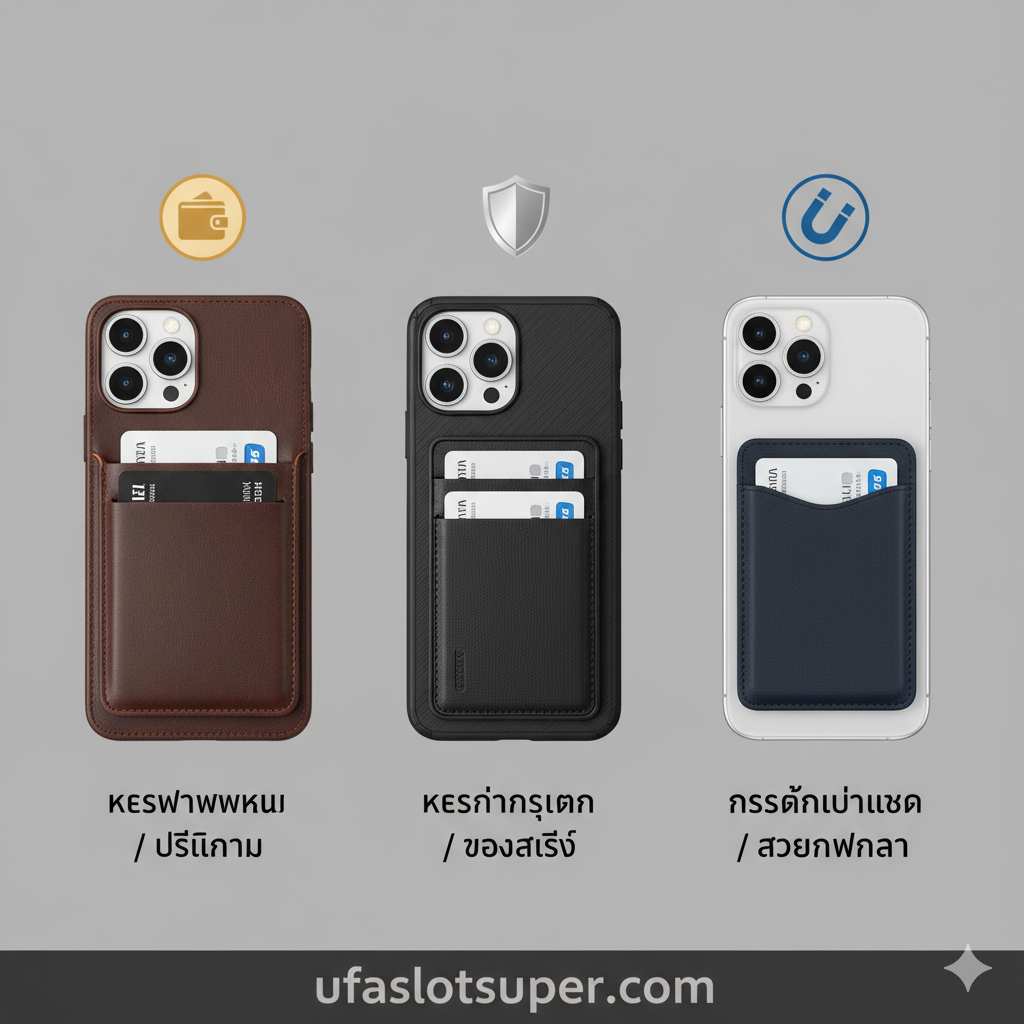 ภาพเปรียบเทียบ (Comparison Summary Image) ที่นำเสนอเคสใส่บัตร 3 รูปแบบหลักวางเรียงกัน โดยแต่ละแบบมีการจัดวางที่ชัดเจน: 1. เคสหนัง Folio (ฝาพับ) ดูพรีเมียม 2. เคสพลาสติก/TPU แบบสไลด์ (เน้นกันกระแทก) และ 3. MagSafe Wallet (กระเป๋าสตางค์ติดแม่เหล็ก) มีการใส่ไอคอนเล็กๆ เหนือเคสแต่ละแบบเพื่อสรุปจุดเด่น: เช่น ไอคอนรูปกระเป๋าเงินสำหรับ Folio, ไอคอนรูปโล่สำหรับแบบกันกระแทก, และไอคอนรูปแม่เหล็กสำหรับ MagSafe โทนสีภาพเป็นกลางเพื่อเน้นที่ตัวผลิตภัณฑ์ ให้ข้อมูลสรุปที่ผู้ใช้สามารถมองเห็นและตัดสินใจเลือกได้ในภาพเดียว