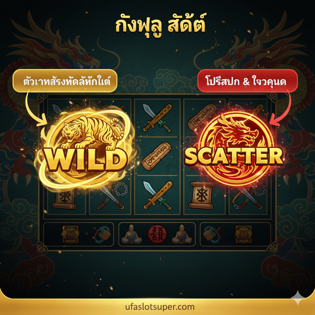ภาพเน้นองค์ประกอบและฟีเจอร์สำคัญของเกม Kungfu Slot (Wild และ Scatter) ภาพควรมีลักษณะเป็น Infographic/UI Mockup ที่ชัดเจนและเข้าใจง่าย แสดงหน้าจอเกมสล็อตแบบซูมเข้าไปที่สัญลักษณ์ Wild และ Scatter โดยมีเอฟเฟกต์แสงสีทองและสีแดงล้อมรอบสัญลักษณ์เหล่านั้น พร้อมลูกศรชี้ไปที่คำอธิบายสั้นๆ เกี่ยวกับ 'ฟรีสปิน' และ 'ตัวคูณรางวัล' (Multiplier) การจัดวางเน้นความสมมาตรและใช้สีสันที่บ่งบอกถึงความมั่งคั่ง เช่น ทอง แดง และเขียวเข้ม พื้นหลังมีลวดลายมังกรหรือเมฆตามสไตล์จีนเพื่อรักษาธีมกังฟู.