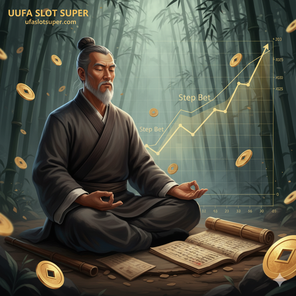 ภาพประกอบส่วนของสูตรและเทคนิค (Tutorial) สื่อถึง 'การวางแผนและการจัดการเงินทุน' (Betting Strategy) ในธีมกังฟู แสดงภาพเซียนกังฟูสูงอายุที่กำลังนั่งสมาธิหรือใช้พัดเปิดตำรากลยุทธ์โบราณ โดยมีกราฟการเดิมพันแบบ 'Step Bet' (การเพิ่มเบทเป็นขั้น) ซ้อนทับอยู่ในลักษณะโปร่งแสงด้านข้าง ภาพเน้นโทนสีน้ำตาลเข้มและสีเขียวของป่าไผ่เพื่อสื่อถึงความลึกลับและภูมิปัญญาโบราณ มีองค์ประกอบของเหรียญทองแดงจีนหรืออักษรจีนโบราณที่สื่อถึง 'โชคลาภ' เพื่อเชื่อมโยงกับชัยชนะในการเล่นสล็อต.