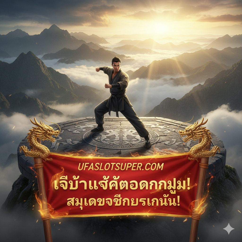 ภาพสรุปและกระตุ้นการตัดสินใจ (Summary/CTA) ที่มีพลังและเชิญชวนให้ 'สมัครสมาชิกรับโบนัสทันที' ภาพควรเป็นฉากที่นักสู้กังฟูยืนอยู่บนยอดเขาสูงหรือบนแท่นประลองที่มองเห็นทิวทัศน์อันยิ่งใหญ่ โดยมีแสงอาทิตย์ยามเช้าสาดส่องลงมา (Golden Hour) ด้านหน้าของนักสู้มีป้าย/แบนเนอร์ขนาดใหญ่แสดงข้อความ 'สมัครรับโบนัสวิชากังฟู' หรือ 'พิชิตแจ็คพอต' เน้นสีแดงและทองเพื่อสร้างความรู้สึกถึงชัยชนะและความร่ำรวย ภาพรวมดูยิ่งใหญ่และเป็นแรงบันดาลใจ ให้ความรู้สึกว่าการเข้าร่วมคือการเริ่มต้นเส้นทางสู่ความสำเร็จ.