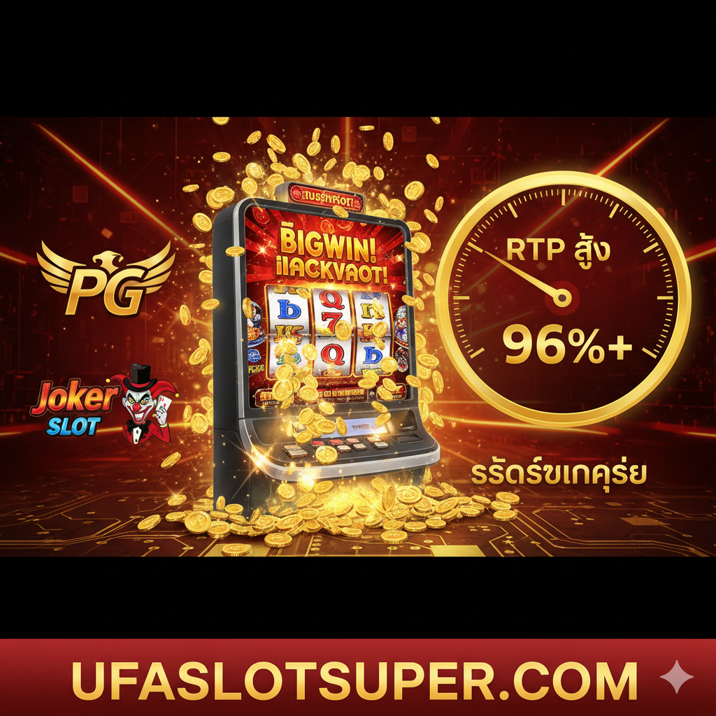 优势图,用于强调'สล็อตแตกง่าย'(容易爆奖)และ'RTP สูง'(高RTP)。图片应以一个醒目的老虎机屏幕为中心,屏幕上展示着巨大的'Big Win'或'Jackpot'字样,并伴随大量的金币喷涌而出。在老虎机旁边,有两个图标代表关键游戏供应商如PG Slot和Joker Slot。图片右侧应有一个圆形仪表盘,指针清晰指向'96%+'的RTP值。色彩以金黄和红色为主,表达财富和爆奖的兴奋感。构图要强调'Can Win'(可以赢)的能力和高回报率。