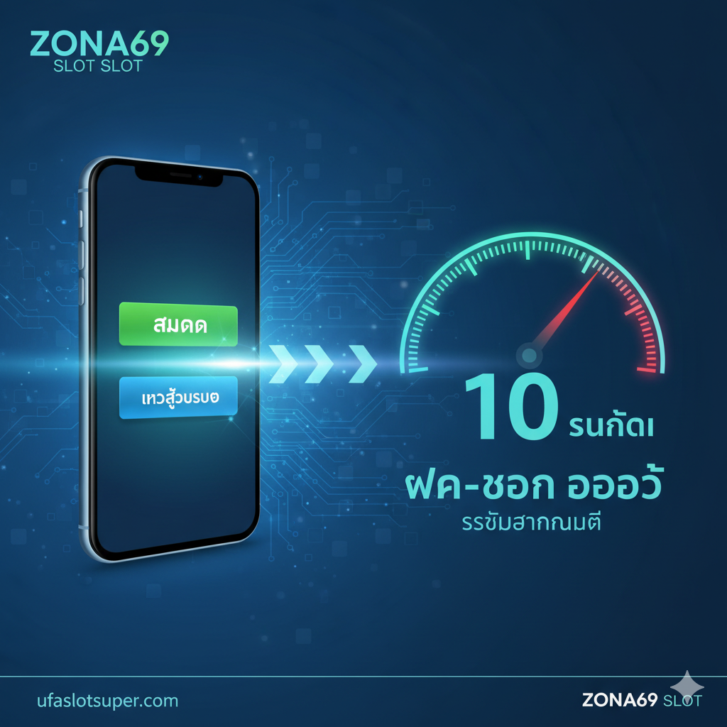 展示ZONA69 SLOT自动系统功能的图片。主题聚焦于**“ระบบอัตโนมัติ” (自动系统)และ“10 วินาที” (10秒)的速度。图片应以科技蓝和绿色为主,描绘一个流畅的交易流程**。左侧是手机界面，显示注册（สมัคร）และ登录（เข้าสู่ระบบ）按钮，右侧是速度表或时钟，指针指向极速，旁边有**“ฝาก-ถอน ออโต้” (自动存取款)的泰文大字。构图要简洁清晰，用箭头指示从用户操作到完成交易的极速体验**，强调效率和便捷性。