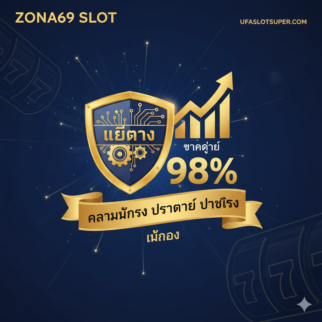 突出ZONA69 SLOT在UFASLOTSUPER上玩具备的优势和信誉的图片。设计风格应为专业和信任感，使用深蓝色和金色。视觉元素包括一个盾牌或证书（象征เว็บตรง/直营的安全认证）、一个上升的箭头或图表（象征高RTP和แตกง่าย/易爆奖），以及一个巨大的百分比数字（如98%），暗示高支付率。图片中应有**“ความมั่นคง ปลอดภัย จ่ายจริง” (稳定 安全 真实支付)的泰文标语，强调平台信誉和“ไม่โกง” (不欺骗)**的承诺，为用户建立信心。