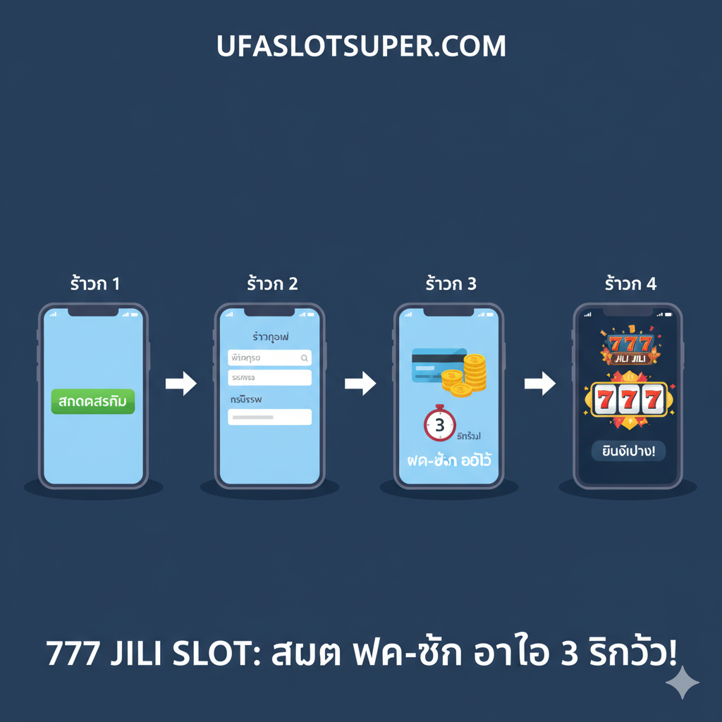 一张展示快速注册和存取款流程的教程图。图片采用分步指示（1, 2, 3, 4）的布局。主体元素包括一个手机屏幕（展示สมัครสมาชิก/注册界面），一个银行卡或金钱符号，以及一个速度计或秒表（代表“3 วินาที”/3秒自动存取款）。图片应使用友好的、易懂的插画或扁平化设计، ใช้ufaslotsuper.com的主题颜色（如果已知），强调“Mobile-First”และ“ฝาก-ถอน ออโต้”的便捷性。