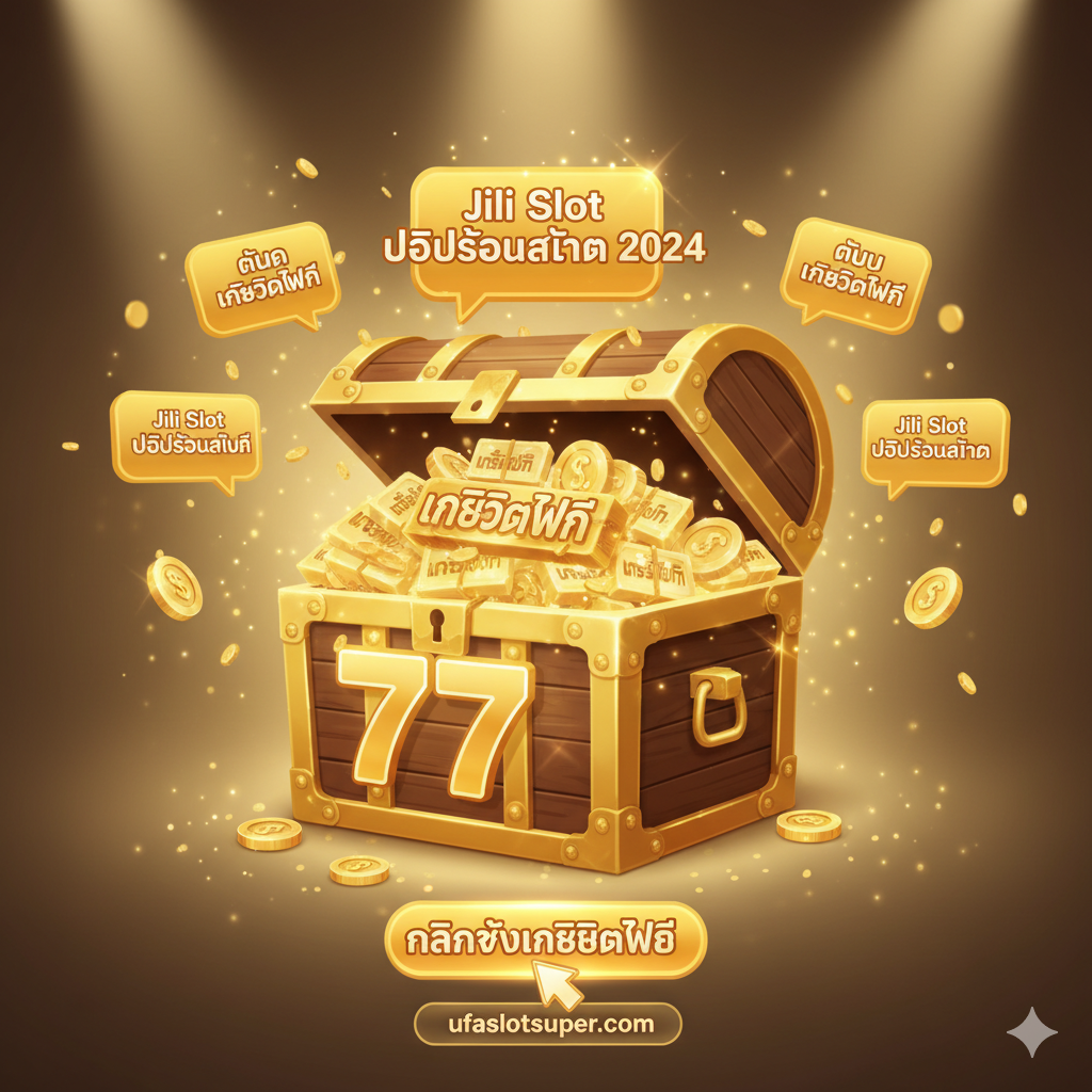 一张聚焦于促销和结论的总结图。图片中心是一个巨大的礼盒或宝箱，从中溢出大量的“เครดิตฟรี” (免费点数) 泰文和“Jili 77”的数字符号。周围环绕ด้วย“Jili Slot โปรโมชั่นล่าสุด 2024”的文字气泡。背景可以是柔和的聚光灯效果，突出礼物的吸引力。整体风格应是诱人、充满奖励และ积极的，鼓励用户“คลิกรับเครดิตฟรี” (点击领取免费点数)，作为文章的最后行动号召。