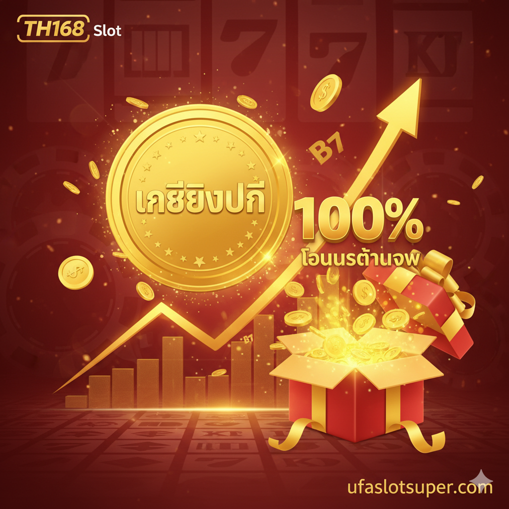 ภาพที่เน้นย้ำถึงข้อได้เปรียบด้านโปรโมชั่นและเครดิตฟรีของ TH168 Slot (ufaslotsuper.com) องค์ประกอบหลักคือเหรียญทองขนาดใหญ่ที่มีสัญลักษณ์ 'เครดิตฟรี' และกล่องของขวัญที่เปิดออกเผยให้เห็นแสงสว่างหรือโบนัส ตัวเลข '100%' ขนาดใหญ่และคำว่า 'โบนัสต้อนรับ' โดดเด่น ใช้โทนสีแดงและทองเพื่อสร้างความรู้สึกถึงโชคลาภและความตื่นเต้น ภาพควรมีลูกเล่นกราฟิกที่แสดงถึงการไหลของเงินทุนที่เพิ่มขึ้น หรือกราฟที่พุ่งสูงขึ้น เพื่อสื่อว่าการเล่นกับเว็บไซต์นี้ทำให้ผู้เล่นได้รับผลตอบแทนที่คุ้มค่าสูงสุด