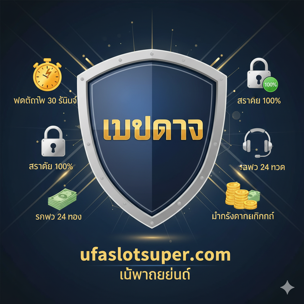 此图旨在强调“ufaslotsuper.com เว็บตรง ไม่ผ่านเอเย่นต์”的优势和可信度。画面应展示一个坚固、高科技感的盾牌，盾牌中央有“WEB DIRECT”หรือ“เว็บตรง”的金色标志。周围环绕着四个小的优势图标：一个“快速时钟”หรือ“闪电”（代表30秒自动存取款）、一个“100%安全锁”（代表安全性）、一个“24小时客服耳机”和一个“成堆的现金”（代表财务稳定）。整体风格应严肃、可信赖，使用深蓝色、金色และ银色，强调信任和可靠性，对应文章“ส่วนที่ 3.2”。