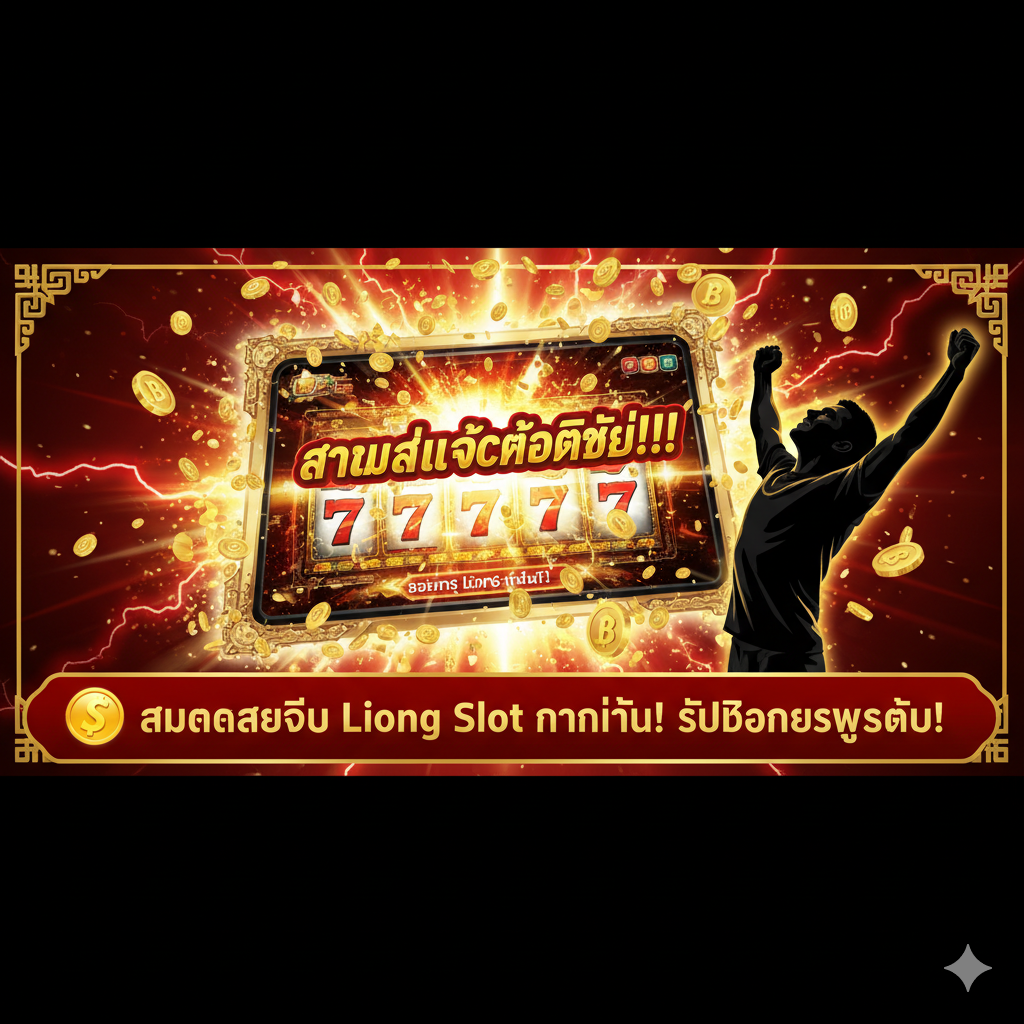 作为文章的总结性图片和最终的Call-to-Action (CTA)，画面应聚焦于“做大赢家”的主题。中心是一个爆炸性的老虎机“大赢家”（JACKPOT）屏幕，充满金光和泰铢符号。旁边可以有一个兴奋、成功的玩家的侧影。图片下方应有一个显眼的横幅，用泰语写着“💰 สมัครสมาชิก Liong Slot ตอนนี้! รับโบนัสสูงสุด!”，鼓励用户立即行动。色彩应充满活力和诱惑力，使用对比强烈的红、金、黑三色，提供一个强有力的视觉终点，对应文章“ส่วนที่ 5.1”。
