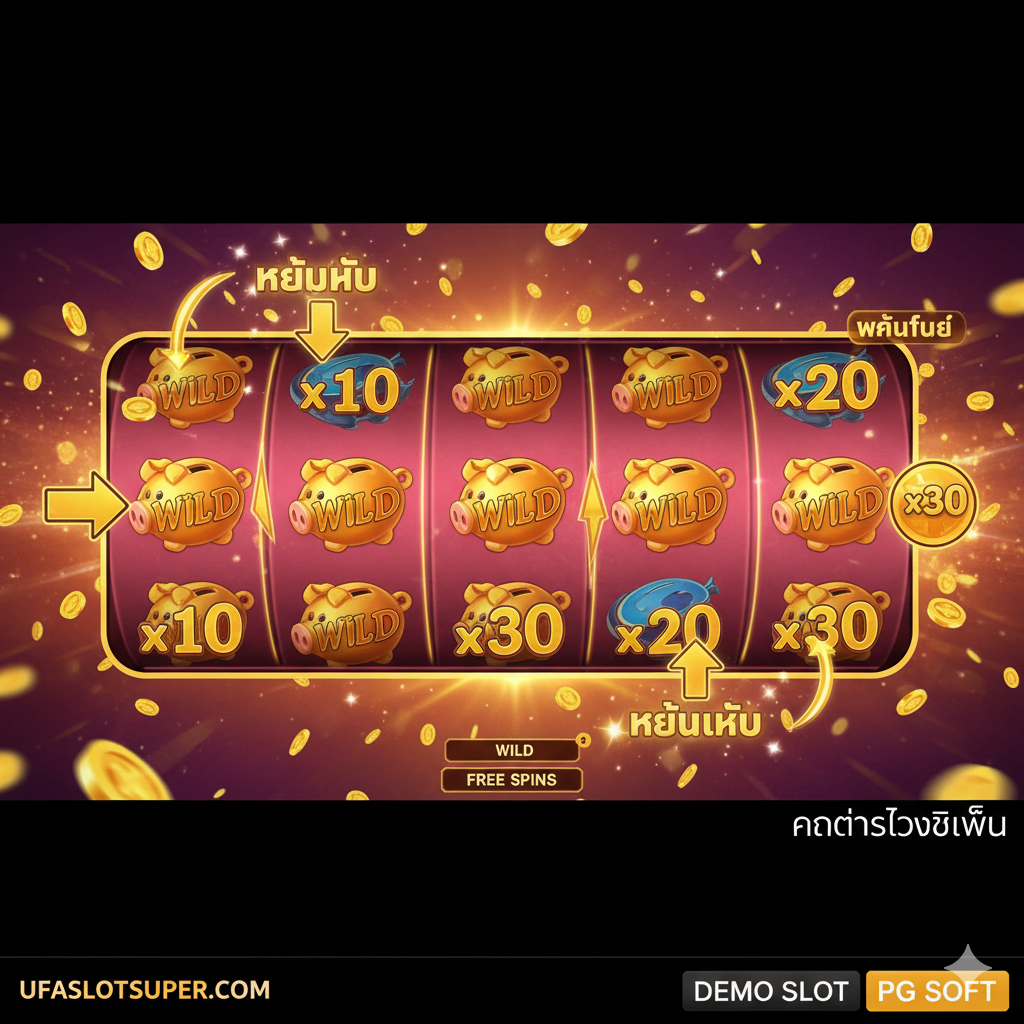 ภาพแสดงฟีเจอร์ Sticky Wilds และตัวคูณที่เพิ่มขึ้นในเกม Lucky Piggy