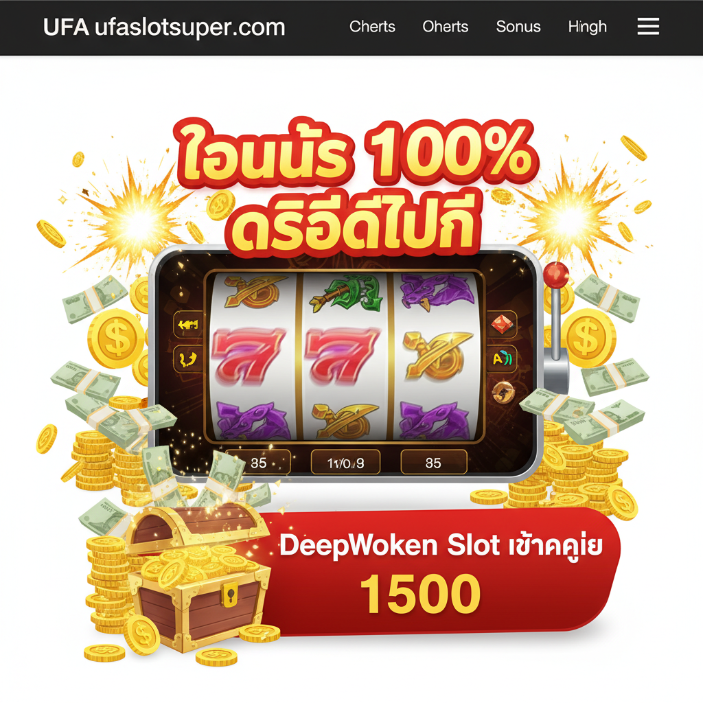 ภาพเน้นคุณสมบัติเด่นของเว็บไซต์สล็อต UFA แสดงหน้าจอเกมสล็อตแบบเรียบง่ายแต่มีข้อความเด่นเป็นภาษาไทยว่า 'โบนัส 100%' และ 'เครดิตฟรี' ลอยเด่นอยู่เหนือวงล้อสล็อตที่กำลังหมุน (Motion Blur) รอบๆ มีกองเหรียญทองคำและสัญลักษณ์แจ็กพอตที่ระเบิดออกมาเป็นประกาย สไตล์ภาพควรดูทันสมัย สว่าง และเป็นมิตรต่อผู้เล่น เน้นสีแดง สีทอง และสีขาว เพื่อดึงดูดความสนใจไปที่โปรโมชั่นโดยตรง สื่อถึง 'Deepwoken Slot แตกง่าย' ด้วยการแสดงผลลัพธ์ที่เป็นเงินรางวัลมหาศาล