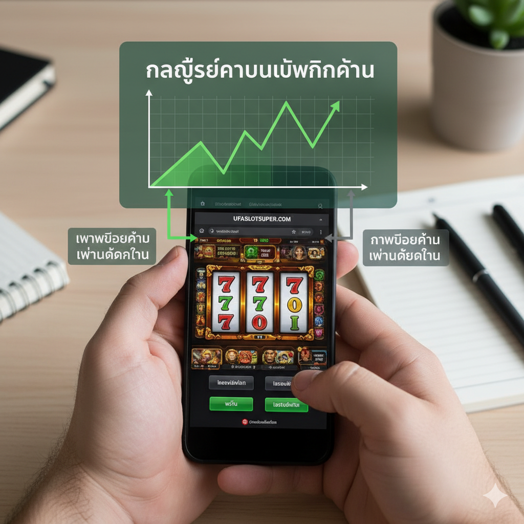 ภาพประกอบส่วนกลยุทธ์การเล่น แสดงมือกำลังใช้สมาร์ทโฟนหรือแท็บเล็ตเล่นเกมสล็อต (มุมมองบุคคลที่หนึ่ง) โดยมีกราฟิกซ้อนทับที่แสดงแผนภาพกลยุทธ์ 'การบริหารเงินทุน (Bankroll Management)' เป็นรูปแผนภูมิแท่งหรือเส้นที่กำลังขึ้น-ลง พร้อมลูกศรชี้ไปที่ปุ่ม 'เพิ่มเดิมพัน' และ 'ลดเดิมพัน' บนหน้าจอเกมสล็อต สไตล์ภาพดูเป็นระเบียบ เป็นภาพถ่ายจริงผสมกราฟิกแบบ Infographic เน้นสีเขียวและสีเทาเพื่อสื่อถึงการวางแผนอย่างมีวินัยและเป็นระบบ