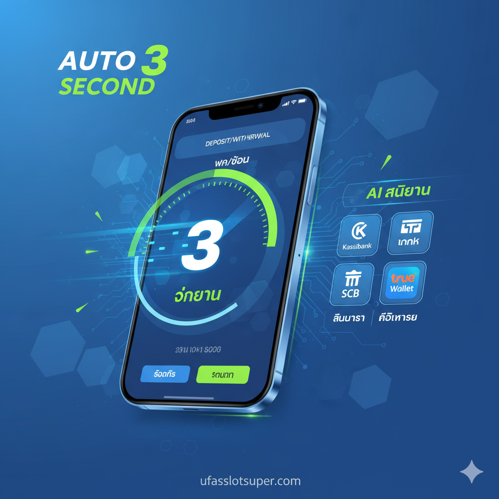 ภาพกราฟิกแบบ Infographic ที่เน้นความเร็วของระบบ 'Auto 3 วินาที' โดยแสดงภาพมือถือที่มีหน้าจอแสดงการทำธุรกรรม 'ฝาก/ถอน' (Deposit/Withdrawal) และมีเข็มนาฬิกาหรือตัวเลขนับถอยหลัง '3 SECONDS' ขนาดใหญ่ที่กำลังแสดงเวลาเข้าเครดิตอย่างรวดเร็ว ใช้สีฟ้าสว่างหรือเขียวสดเพื่อสื่อถึงความล้ำสมัยและเทคโนโลยี AI (Artificial Intelligence) ในการประมวลผล ด้านข้างมีภาพไอคอนของธนาคารและ True Wallet เพื่อสื่อถึงการรองรับทุกช่องทางการเงิน เน้นความสะอาดของภาพและเส้นสายที่พุ่งไปข้างหน้าเพื่อแสดงถึงความรวดเร็วและประสิทธิภาพสูงสุด