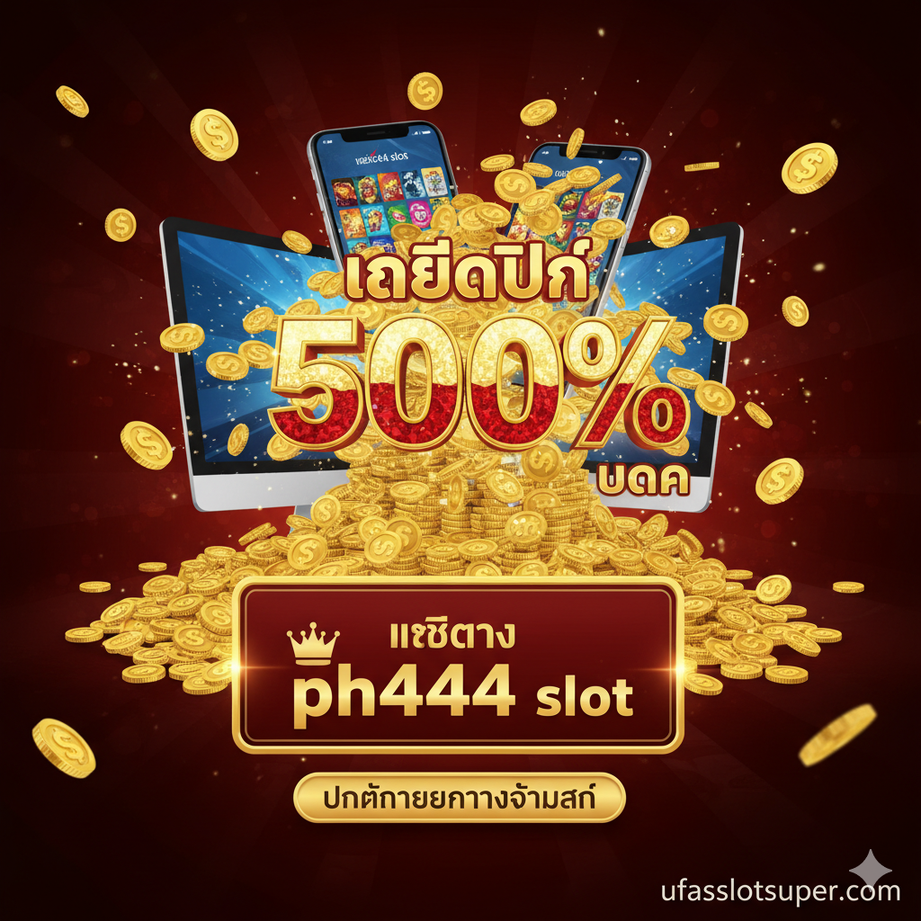 ภาพที่เน้นจุดขายสำคัญคือ 'เครดิตฟรี 500%' และ 'เว็บตรง' แสดงกองเหรียญทองขนาดมหึมา หรือสัญลักษณ์ดอลลาร์/บาทที่พุ่งออกมาจากหน้าจอคอมพิวเตอร์หรือมือถือ โดยมีตัวเลข '500%' ขนาดใหญ่เป็นจุดศูนย์กลางของภาพ ใช้องค์ประกอบของมงกุฎหรือป้าย 'Official Partner' เพื่อเสริมความน่าเชื่อถือว่าเป็น 'ph444 slot เว็บตรง' ที่ได้รับอนุญาต เน้นโทนสีแดง สีทอง และสีดำ เพื่อสื่อถึงโชคลาภ ความร่ำรวย และความมั่นคงทางการเงิน ดึงดูดความสนใจของผู้ที่ต้องการโปรโมชั่นที่คุ้มค่าที่สุด