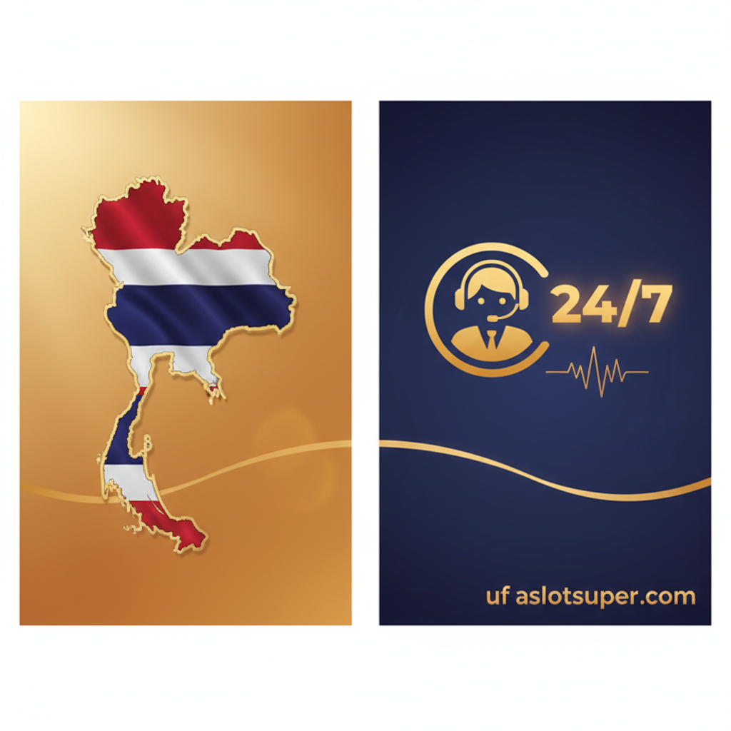 一张对比鲜明的优势展示图片，突出ufaslotsuper.com的本地化服务。图片ซ้าย侧是泰国地图或泰国国旗的轮廓，配文“Localized Thai Solution” (โซลูชั่นที่เข้าใจคนไทย)。图片ขวา侧是一个显著的“24/7”标志，旁边是一位戴着耳机的友好客服代表图标，配文“Thai Support Team” (ทีมซัพพอร์ตคนไทย 24 ชม.)。这张图片旨在建立信任感،强调他们区别于国际竞争对手的本土化支持优势，色调温暖且值得信赖。