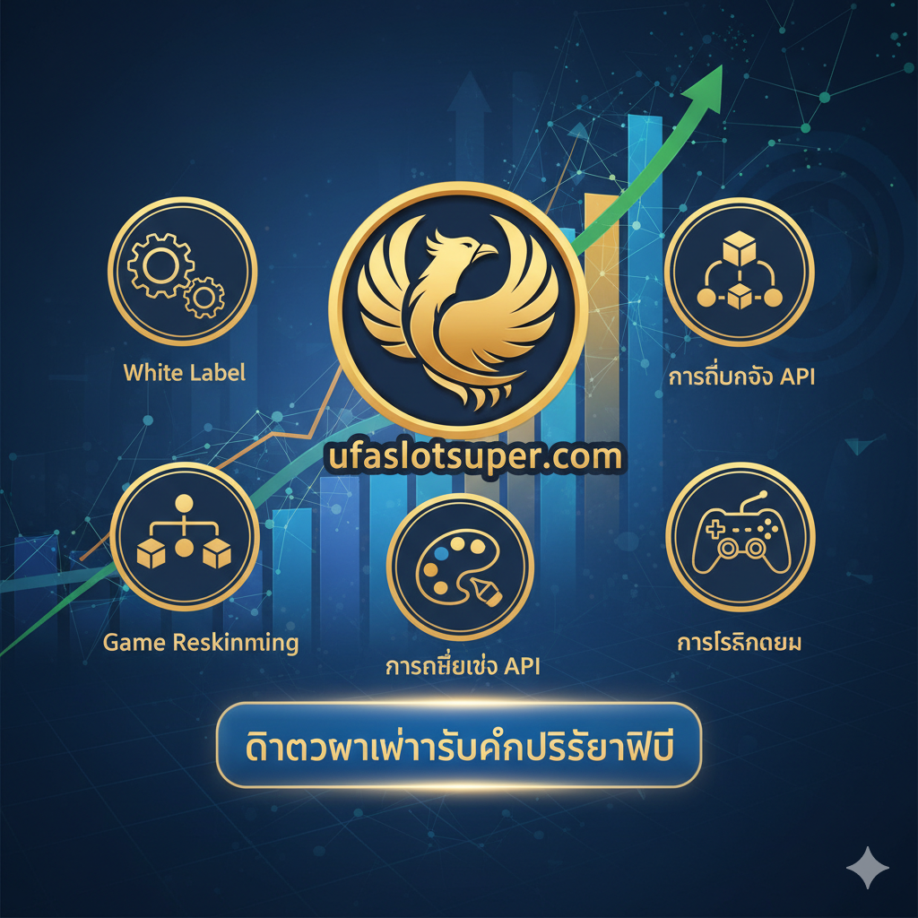 一张强有力的总结和号召性用语（CTA）图片。图片中心是ufaslotsuper.com的标志，周围环绕ด้วย其核心B2B服务图标，如“White Label”、“API Integration”และ“Game Reskinning”。下方是一个非常显眼的按钮或文本框，用泰语写着“ติดต่อเราเพื่อรับคำปรึกษาฟรี” (联系我们获取免费咨询)。背景是动态的商业图表或抽象的增长曲线，暗示与他们合作将带来成功，整体风格极具说服力和商业性。