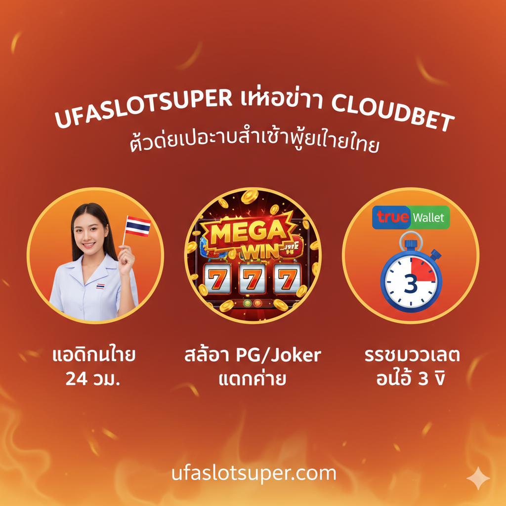 ภาพเน้นจุดแข็งที่ ufaslotsuper มีเหนือกว่า Cloudbet สำหรับผู้เล่นไทยโดยเฉพาะ (ข้อได้เปรียบ) ภาพรวมสัญลักษณ์ 3-4 อย่างที่โดดเด่น: 1. แอดมินคนไทย 24 ชม. (รูปแอดมินยิ้มแย้มพร้อมไอคอนธงชาติไทย), 2. สล็อต PG/Joker 'แตกง่าย' (รูปหน้าจอเกมสล็อตที่กำลังแสดง 'MEGA WIN' หรือ 'JACKPOT'), 3. ระบบวอเลทและออโต้ 3 วิ (รูป True Wallet และนาฬิกาจับเวลา) จัดวางองค์ประกอบเหล่านี้เป็นไอคอนขนาดใหญ่ที่โค้งมนและสวยงามบนพื้นหลังสีส้ม-แดงที่สื่อถึงโปรโมชั่นที่ร้อนแรง เพื่อดึงดูดผู้เล่นที่ตามหา 'สล็อตแตกง่าย' และ 'วอเลท'