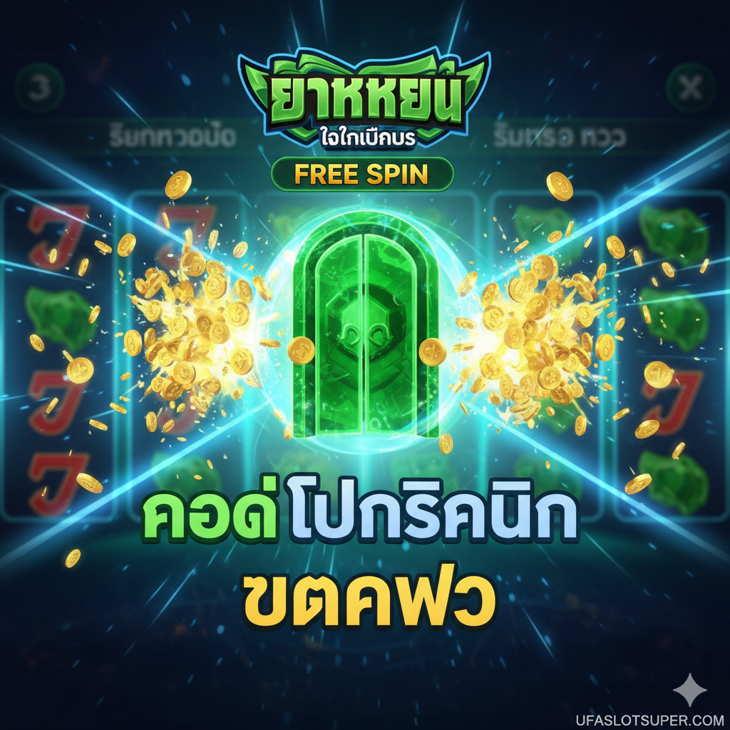 图片突出游戏核心功能——免费旋转(Free Spin)和高RTP。画面应模拟Slot ยักษ์เขียว游戏界面的**“奖励模式”:中间有一个巨大的、正在旋转的“免费旋转”符号或“Scatter”符号(如绿色的宝石或魔法门),周围有大量金币爆炸和飞出的效果**。配色以绿色和电光蓝为主,营造出科技感和爆发感。背景可以模糊展示老虎机卷轴,焦点聚焦在**“โหมดฟรีสปิน”和“แตกไว”**(泰文)字样上,暗示高赔率。