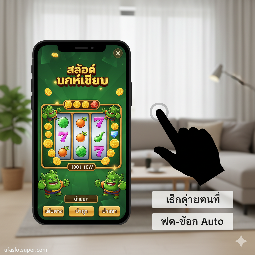 图片展示**“手机端游戏教程/便捷性”,强调“สล็อต ยักษ์เขียว มือถือ”。画面主体是一个竖屏的智能手机或平板电脑**,屏幕上清晰展示Slot ยักษ์เขียว的游戏画面。在手机旁边放置一个手持设备的手势图标或人手操作的剪影,下方配有“เล่นง่ายทุกที่”和“ฝาก-ถอน Auto”的泰文小标签。背景可以是一个现代化的、光线柔和的居家环境,象征随时随地都能享受游戏。整体风格简洁、现代,突出移动游戏的便利性。