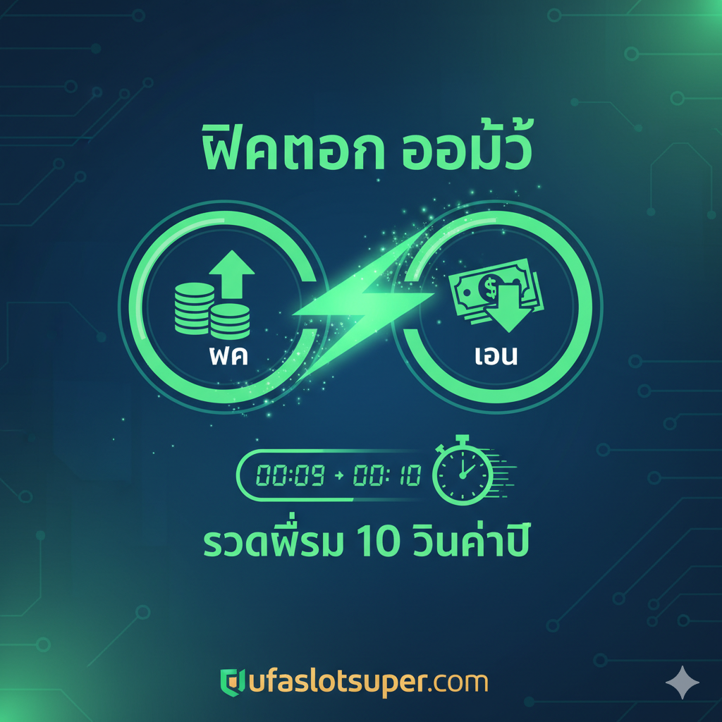 图片突出ufaslotsuper.com的平台优势,即**“ฝากถอน ออโต้”(自动存取款)。画面主体是两个并排的图标**:一个代表**“Deposit”(存款),另一个代表“Withdraw”(取款),两者之间有一条高速的、绿色的光线连接,象征10秒内完成交易的速度**。可以融入ufaslotsuper的logo或品牌色(如果有)。画面下方可以有时钟或秒表的元素,强调“รวดเร็ว 10 วินาที”的泰文文字。整体风格应是金融科技(FinTech) 感,配色可靠、专业,突出安全与效率。