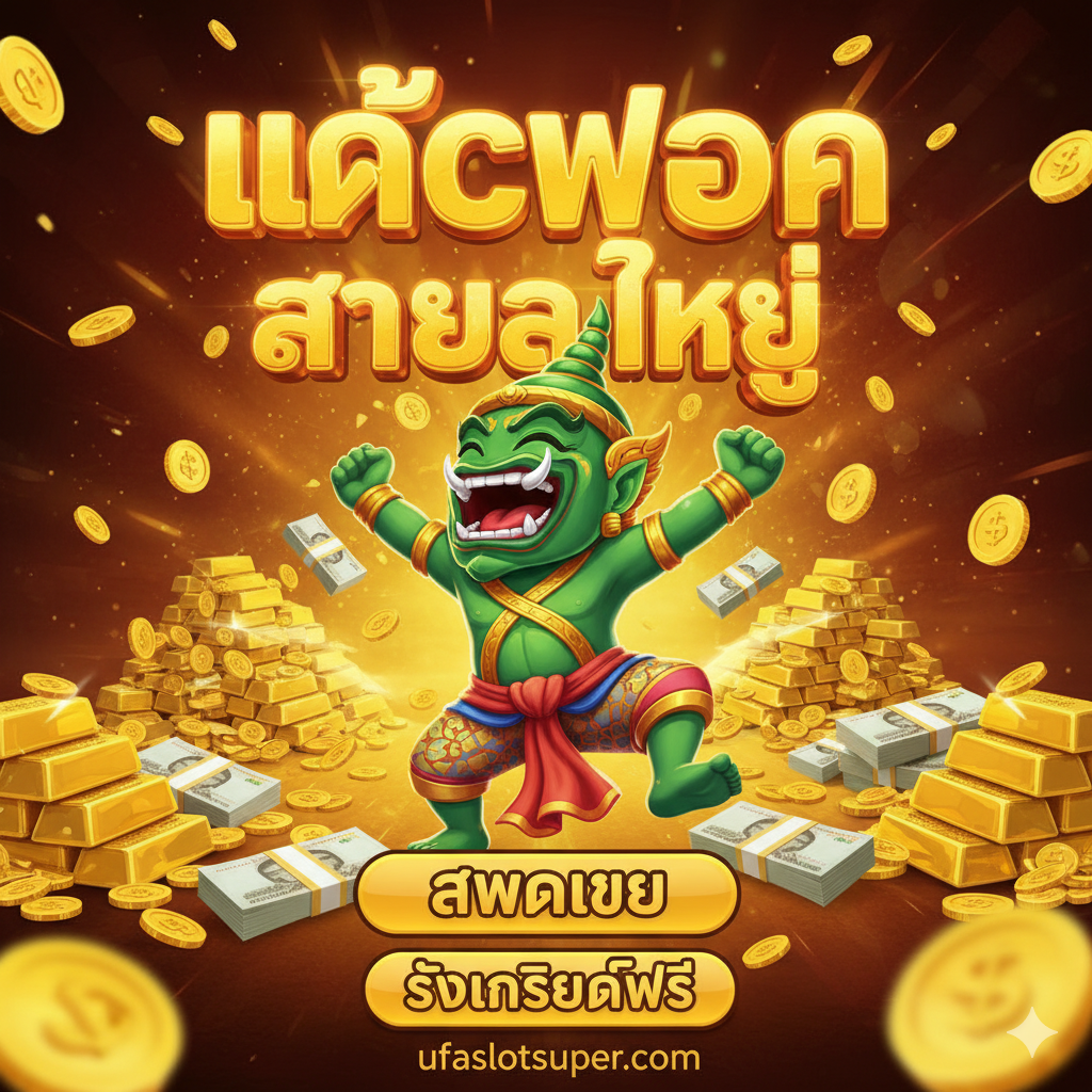 图片作为总结和行动号召,展现**“赢得巨额奖金”的喜悦。画面中央是一个兴奋的玩家形象(可以是剪影或卡通形象,手舞足蹈),背景是一个巨大的、闪耀着金色光芒的“JACKPOT”或“BIG WIN”泰文文字**。玩家身边堆满了金条、金币和现金。前景可以有**“สมัครเลย”和“รับเครดิตฟรี”的呼吁行动(CTA)按钮或文字。色彩应充满活力,以金色、绿色和红色为主,营造出胜利和狂欢**的氛围,鼓励用户立即注册。