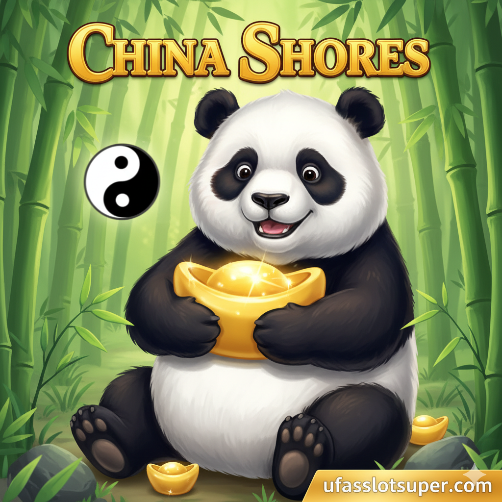ภาพปกที่ดึงดูดสายตาสำหรับเกม China Shores Slot Online แสดงให้เห็นแพนด้าขนาดใหญ่ที่ดูเป็นมิตรนั่งอยู่ท่ามกลางป่าไผ่สีเขียวชอุ่ม แพนด้ากำลังถือก้อนทอง (เหรียญ) ขนาดใหญ่ที่ส่องประกาย มีสัญลักษณ์หยินหยาง (Yin-Yang) ที่เป็นสัญลักษณ์ Scatter ของเกมลอยอยู่อย่างนุ่มนวลในพื้นหลัง โทนสีโดยรวมเน้นสีเขียวสดใส สีทองหรูหรา และสีขาว-ดำของแพนด้า องค์ประกอบภาพสื่อถึงธีมเอเชียและความโชคดีของเกม มุมล่างขวามีโลโก้ 'ufaslotsuper.com' อย่างชัดเจน