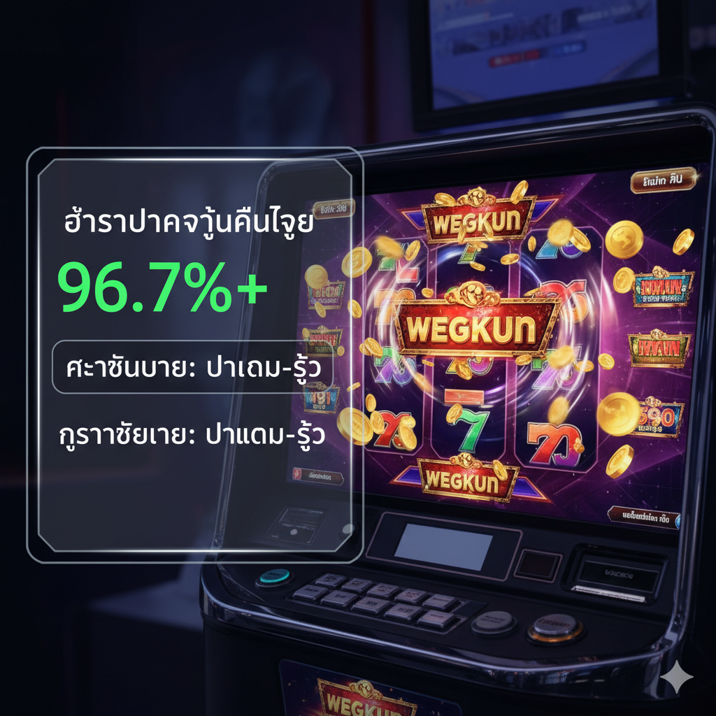 功能图片，专注于PG Slot游戏的'แตกง่าย'（容易爆奖）特性和RTP概念。画面主体是一个正在高速旋转的老虎机屏幕，屏幕上显示着'BIG WIN'或'MEGA WIN'的动画效果，金币飞溅。在屏幕的一侧，叠加一个透明的仪表盘或图表，上面标注着'RTP 96.7%+'和'Volatility: Medium-High'，用鲜明的绿色和红色数字强调关键数据。整体风格科技感强，体现出数据的透明度和可靠性。这张图将用于文章中讨论PG Slot的RTP和爆奖机制的部分。