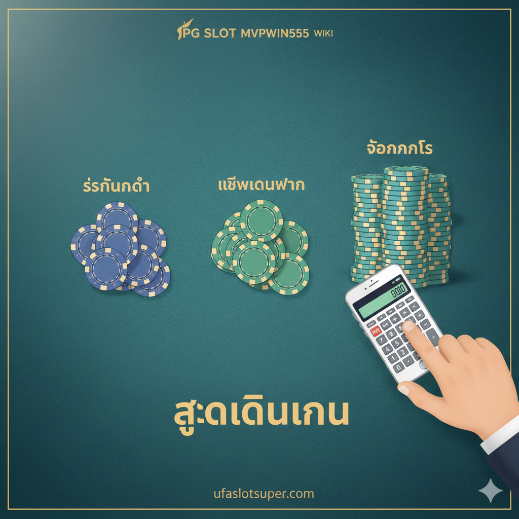 教程图片，描绘'สูตรเดินเงิน'（资金管理策略）。画面是一个俯视的赌桌场景，桌面上摆放着三个不同大小的筹码堆，代表着'เริ่มต้นต่ำ'（低注）、'เพิ่มเดิมพัน'（增加投注）和'ถอนกำไร'（提取利润）。旁边有一个拿着计算器或智能手机的人手，象征着理性的投注决策。色彩应柔和且专业，类似于金融教程的风格，而非纯粹的娱乐。这张图将放置在讨论PG Slot的投注策略和'Wiki'公式的章节。