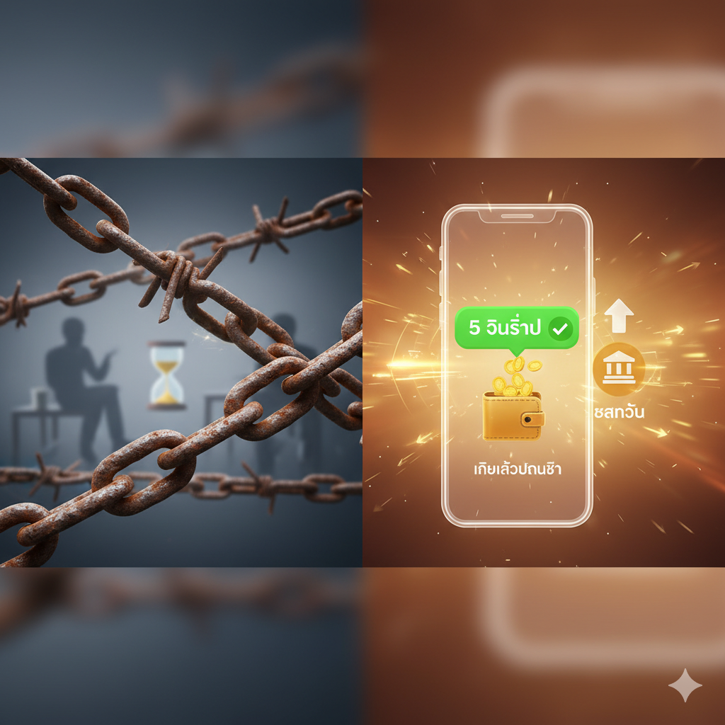 优势对比图片，重点突出Ufaslotsuper作为'เว็บตรง'的优势：自动化存取款（สล็อตวอเลท ออโต้）。画面左侧是模糊且有阻碍感的锁链或障碍物，代表传统เว็บเอเย่นต์（代理网站）的提款缓慢和限制。画面右侧是清晰、快速的流水线动画，显示着一个手机屏幕界面，上面有一个绿色的'Success'或'5 วินาที'（5秒）的提示，并伴随一个象征เงินเข้าบัญชี（资金进入账户）的'Wallet'图标。整体色调以暖色和亮色为主，强调'速度'、'安全'和'ความมั่นคง'（稳定性）。