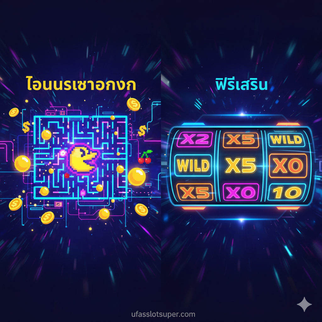 一张功能展示图，分为两个部分。左侧展示了“迷宫奖励”功能（โบนัสเขาวงกต），显示Pac-Man在迷宫中吃豆子和水果以获取现金奖励。右侧展示了“免费旋转”功能（ฟรีสปิน），显示老虎机转轴上充满了Wild符号和乘数（Multiplier）。图片风格是动态的，结合了8-bit像素艺术和现代游戏的光效，色彩鲜艳，以霓虹色调为主。