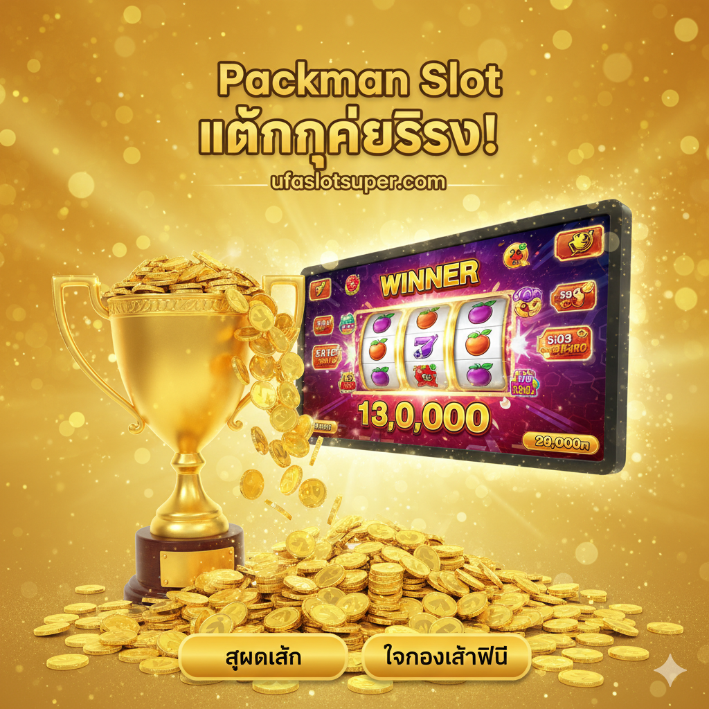 一张教程图片，展示如何在ufaslotsuper.com上开始游戏。图片分为三个步骤：1. 显示一部手机，屏幕上有ufaslotsuper.com的注册界面（สมัครสมาชิก）。2. 显示True Wallet钱包图标，并有泰语文字“ฝาก-ถอน ออโต้”（自动存取款）和“ไม่มีขั้นต่ำ”（无最低限制）。3. 显示Packman Slot游戏界面，并有突出的“รับเครดิตฟรี”（获取免费积分）和“เริ่มเล่น”（开始游戏）按钮。构图清晰，指导性强。