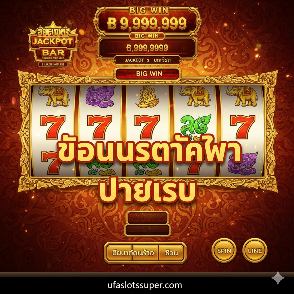 ภาพ聚焦展示ufaslotsuper.com的核心功能——老虎机游戏。画面主体是一个设计精美、高解析度的老虎机（Slot Machine），转轮上有泰国文化相关的符号（如金象、泰式花纹）和传统的BAR、777符号。重点突出'โบนัสแตกไว' (Bonus Break Fast) 和 'จ่ายจริง' (Pay Real) 的标语。采用鲜艳-金色、红色和绿色，营造ออกกระตุ้นและรางวัลที่อุดมสมบูรณ์。老虎机界面应该有一个数字很大的'Jackpot'或'BIG WIN'金额，暗示高额回报，吸引用户。
