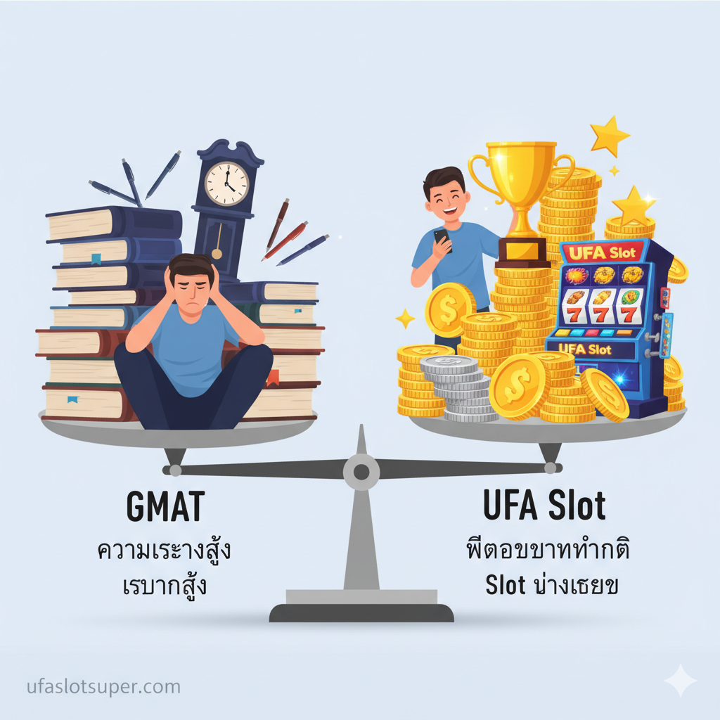 ภาพ采用双栏或天平构图来具象化文章中的对比表格。左侧是GMAT一侧，用沉重的书籍、笔、时钟和疲惫的表情，代表'ความเครียดสูง' (High Stress) 和 'ลงทุนสูง' (High Investment)。右侧是UFA Slot一侧，用堆叠的硬币、闪亮的奖杯、一个放松微笑的人和老虎机，代表'ผลตอบแทนทันที' (Instant Return) 和 'Slot ว่างเสมอ' (Slot Always Available)。天平明显倾向于UFA Slot一侧，突出其优势。整体色彩右侧应比左侧更明亮、更吸引人，强调UFA Slot的优势。