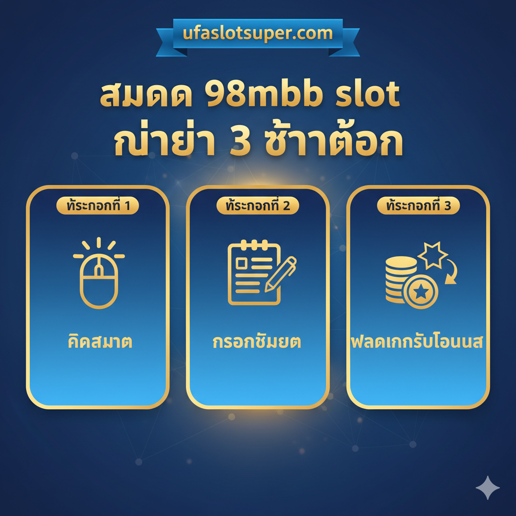 一张清晰的教程信息图，用泰语展示“สมัคร 98mbb slot ง่ายๆ 3 ขั้นตอน”（3个简单步骤注册98mbb slot）。图片应水平分为三个清晰的步骤，每一步都配有易于理解的图标：步骤1是“คลิกสมัคร”（点击注册），步骤2是“กรอกข้อมูล”（填写信息），步骤3是“ฝากเงินรับโบนัส”（存款领奖金）。整体风格简洁、专业，使用ufaslotsuper.com的品牌色调（如蓝色和金色），引导用户轻松完成注册。