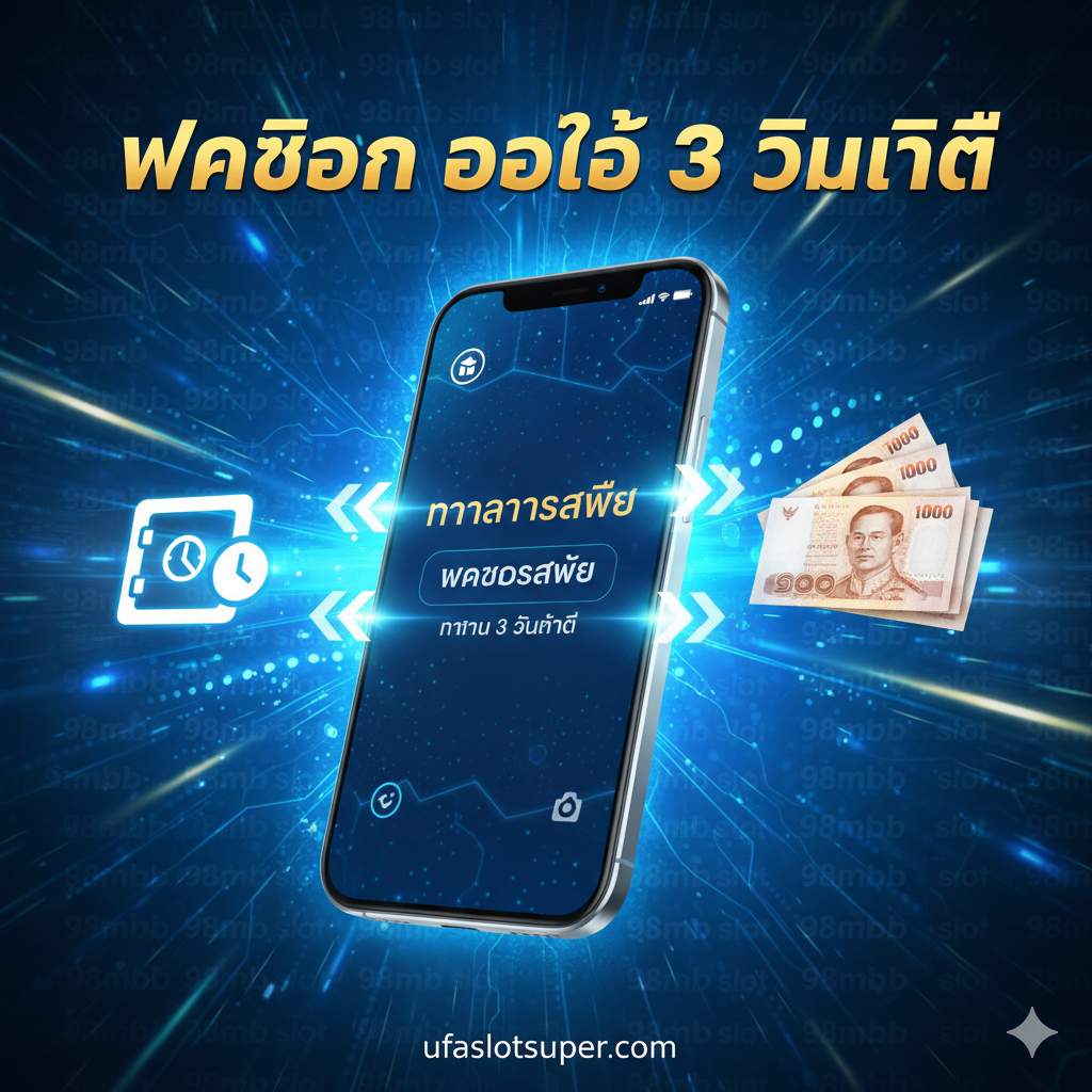 这张图片旨在突出“98mbb slot”在ufaslotsuper上的核心优势：快速自动存取款。画面主体可以是一部智能手机，显示着交易成功的泰语提示。周围使用动态模糊线条หรือ箭头，从手机指向一个银行图标หรือ一堆泰铢现金，象征“3秒到账”的极速体验。图片上必须醒目地标出泰语“ฝากถอน ออโต้ 3 วินาที”（自动存取款 3 秒）。