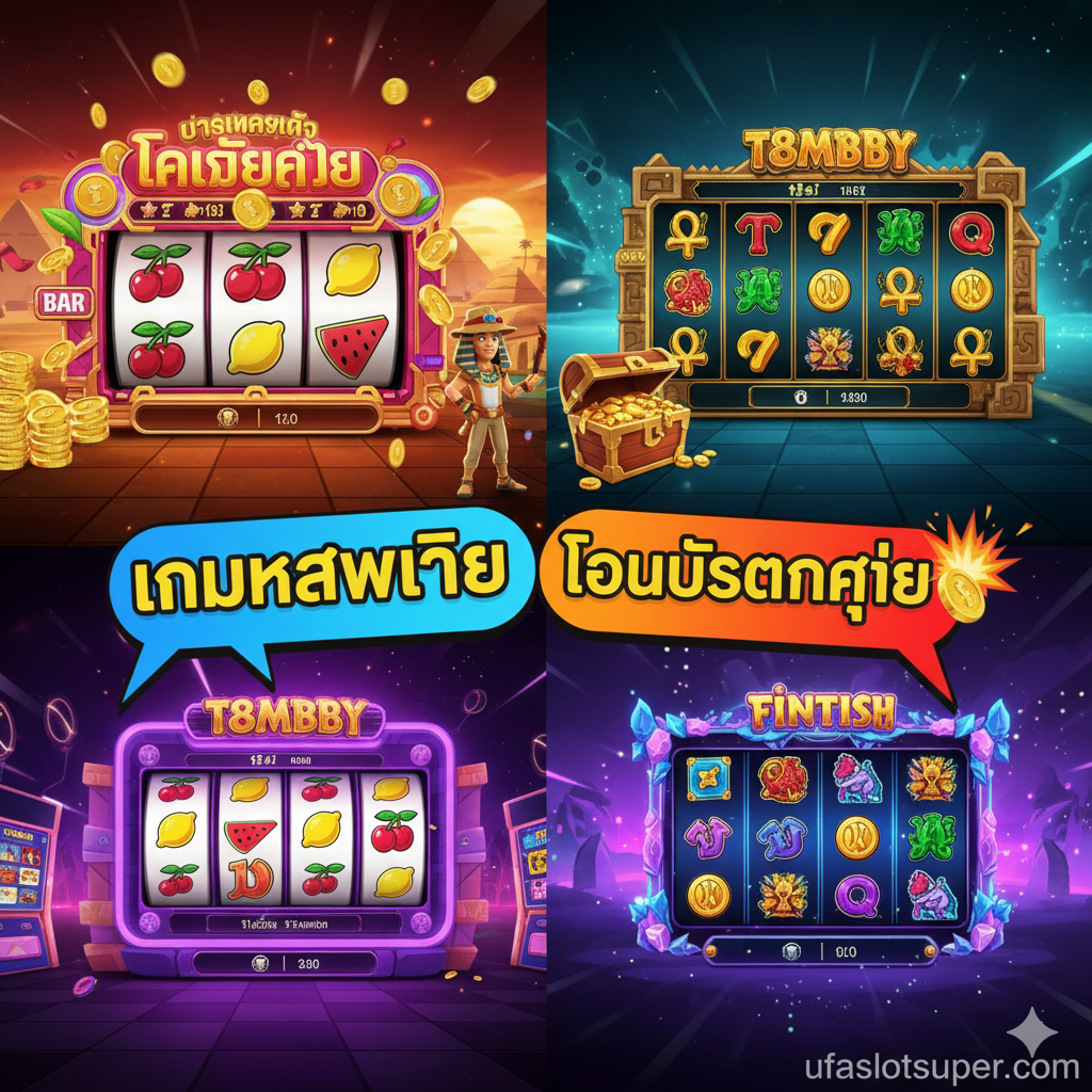 一张总结性的号召性用语（CTA）图片。图片中央是“ufaslotsuper.com”的标志，并带有“เว็บตรง ปลอดภัย 100%”（直营网站 100%安全）的泰语字样。周围环绕ด้วยสี่ข้อดีหลักพร้อมไอคอนและป้ายกำกับภาษาไทย: ”โบนัส 100%”（100%奖金）、“ระบบออโต้”（自动系统）、“เกมแตกง่าย”（游戏易爆）และ“บริการ 24 ชม.”（24小时服务）。底部是强烈的行动号召按钮，文字为“สมัครเลย!”（立即注册！）。