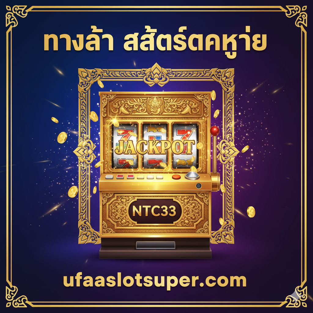 一張吸引人的封面圖,以Newtown Game Slot (NTC33)的金色复古老虎机为中心元素,搭配泰国传统图案的金色边框,体现亚洲经典老虎机的感觉。背景是深邃的宝蓝色或紫色,营造出尊贵和神秘感。老虎机屏幕上应有'JACKPOT'字样和闪烁的金币。ใน醒目位置,用泰语显示'ทางเข้า สล็อตแตกง่าย (ทางเข้า Slot แตกง่าย)' 和目标站点名称 'ufaslotsuper.com',字体应充满活力和自信,整体风格应是高端、闪耀的赌场夜景。
