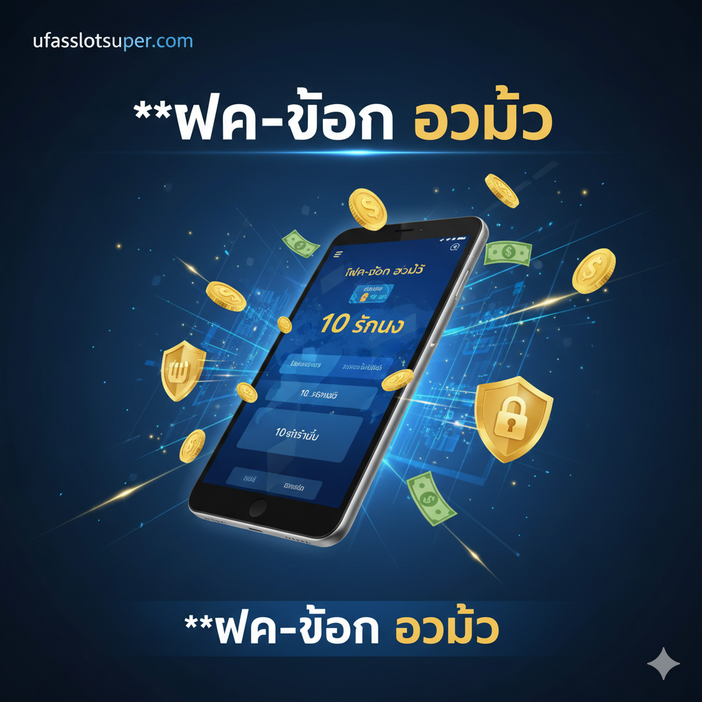 一張強調ฝาก-ถอน ออโต้ (Auto Deposit-Withdrawal)功能的图片。主視覺是一個漂浮ใน空中的手機或平板電腦，屏幕上顯示着快速的交易成功界面และ'10 วินาที (10 Seconds)'的數字。周圍環繞ด้วย金币และ鈔票符號，以流暢、高速的動態線條連接手機與一個象征'ufaslotsuper'的金色盾牌或鎖頭图标，強調速度、安全和自动化。色彩採用科技感的藍光และ金色，突顯現代金融系统的可靠性。