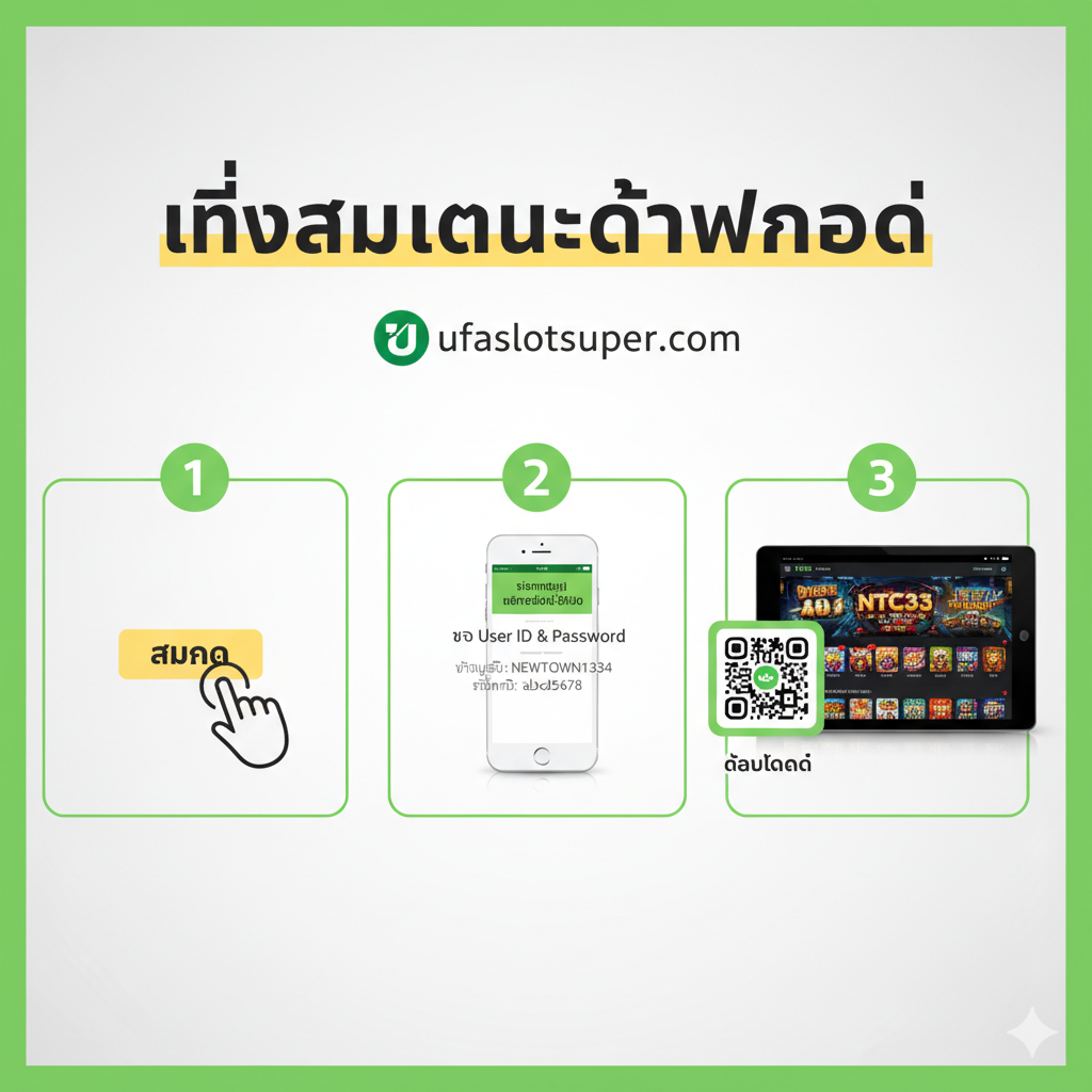一張简洁明了的สมัคร (Register)และดาวน์โหลด (Download)教程图。採用三步流程圖的構圖，用泰語數字1, 2, 3 标示步驟。第1步：一個點擊'สมัคร (Register)'按鈕的滑鼠箭頭。第2步：一個手機接收User IDและPassword的畫面。第3步：一個成功登入NTC33遊戲大廳的界面，同時在側邊配上一個QR Code图标，表示可供ดาวน์โหลด。整體設計應採用乾淨的白色或淺色背景，搭配明亮的綠色和黃色，增加易讀性和友好性。
