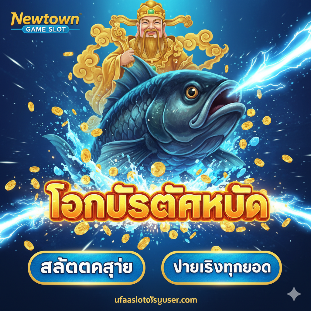 一張展示Newtown游戏优势的图片,聚焦于最受欢迎的Ocean King (เกมยิงปลา)และGod of Wealth游戏。画面中心是Ocean King中巨大的海怪或寶藏魚,周圍有飛散的金幣和炮火特效,營造出'โบนัสแตกหนัก (Heavy Bonus Smash)'的視覺衝擊。背景可以融入God of Wealth主題的金色財神形象或祥雲。下方用小圖或文字方塊強調'สล็อตแตกง่าย (Easy Smash Slot)' 和 'จ่ายจริงทุกยอด (Real Payment Every Amount)',強調遊戲的高回報率和公正性。