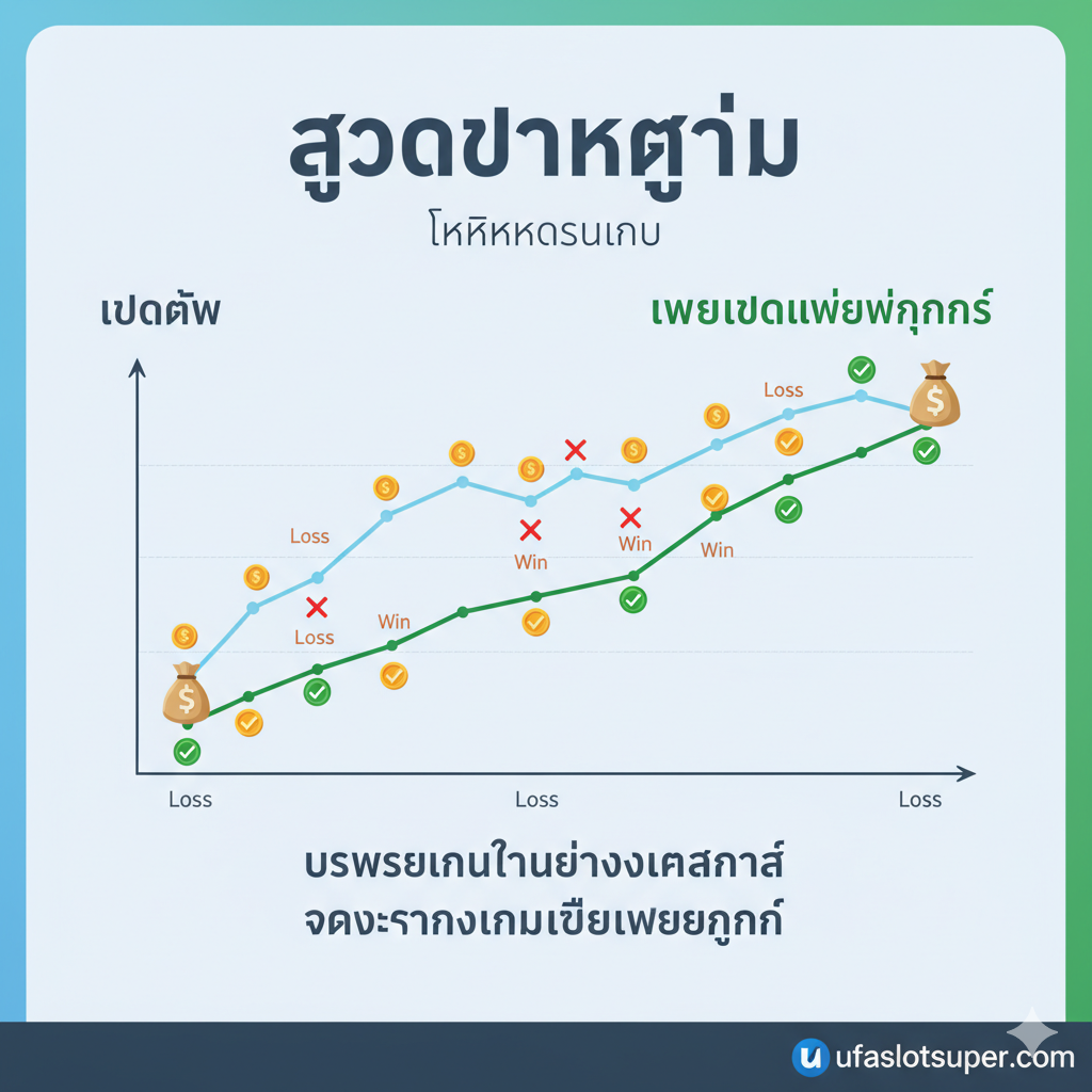 ภาพประกอบส่วน 'สูตรแตกง่าย' แสดงถึงการจัดการเงิน (Money Management) และการจับจังหวะเกมอย่างชาญฉลาด สไตล์: เป็น Infographic หรือภาพประกอบแนว Business/Strategy สี: โทนสีฟ้า, เขียว, หรือเทาที่สื่อถึงความน่าเชื่อถือและการวิเคราะห์ องค์ประกอบ: แสดงกราฟเส้นที่แสดงการ 'เบทต่ำ' และ 'เพิ่มเบทเมื่อมีกำไร' โดยอาจมีไอคอนเล็กๆ ของเหรียญหรือสัญลักษณ์ 'Win' และ 'Loss' ข้อความสำคัญ: เน้นคำว่า 'สูตรแตกง่าย' หรือ 'เทคนิคเดินเงิน' พร้อมกับโลโก้ ufaslotsuper.com เล็กน้อยที่มุม