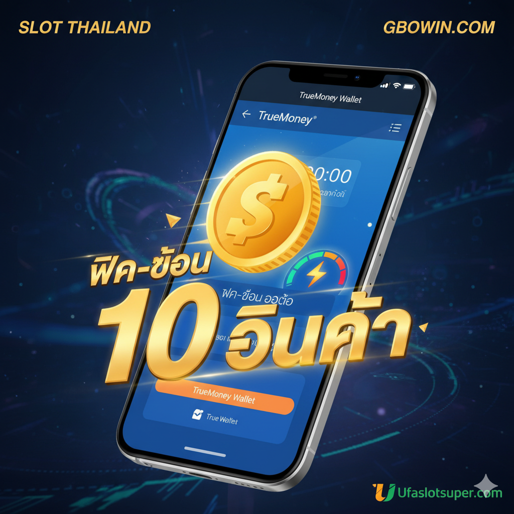 ภาพที่เน้นคุณสมบัติเด่นของ 'ระบบการเงินแบบออโต้ True Wallet ใน 10 วินาที' เป็นหลัก โดยแสดงภาพมือถือที่เปิดแอป TrueMoney Wallet และมีไอคอนเหรียญทองหรือสัญลักษณ์การฝาก-ถอนที่รวดเร็ว (Speedometer หรือ Lightning Bolt) อยู่ตรงกลางอย่างชัดเจน มีตัวเลข '10 วินาที' และคำว่า 'ฝาก-ถอน ออโต้' เป็นภาษาไทยขนาดใหญ่และเรืองแสง การจัดวางเน้นที่ความเร็วและความสะดวกสบาย ใช้โทนสีฟ้า/ส้มของ True Wallet ผสมกับสีทอง/เขียวของ Ufaslotsuper เพื่อสื่อถึงความทันสมัยและความเร็วในการทำธุรกรรม.