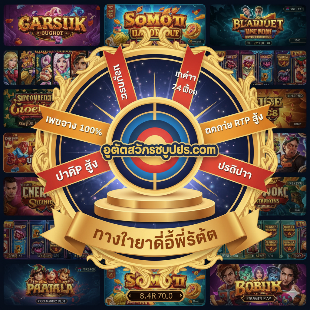 ภาพสรุปที่แสดงถึง Ufaslotsuper.com เป็น 'ทางเลือกที่ดีที่สุด' โดยมีโลโก้ Ufaslotsuper.com อยู่ในจุดศูนย์กลาง (Bullseye) หรืออยู่บนแท่นสูงสุด มีข้อความสรุปเป็น Keyword หลักๆ รอบๆ เช่น 'เว็บตรง 100%', 'สล็อตวอเลท', 'แตกง่าย RTP สูง', 'โปรดีกว่า' และ 'บริการ 24 ชม.' การออกแบบเป็นรูปแบบตราประทับ (Seal) หรือโล่ (Shield) เพื่อสื่อถึงความน่าเชื่อถือและความเป็นอันดับหนึ่ง พร้อมพื้นหลังที่มีเกมสล็อตจากค่ายดัง PG/Pragmatic Play วางเรียงกันเป็นฉากหลัง สร้างความรู้สึกครบวงจรและเป็นที่สุด.