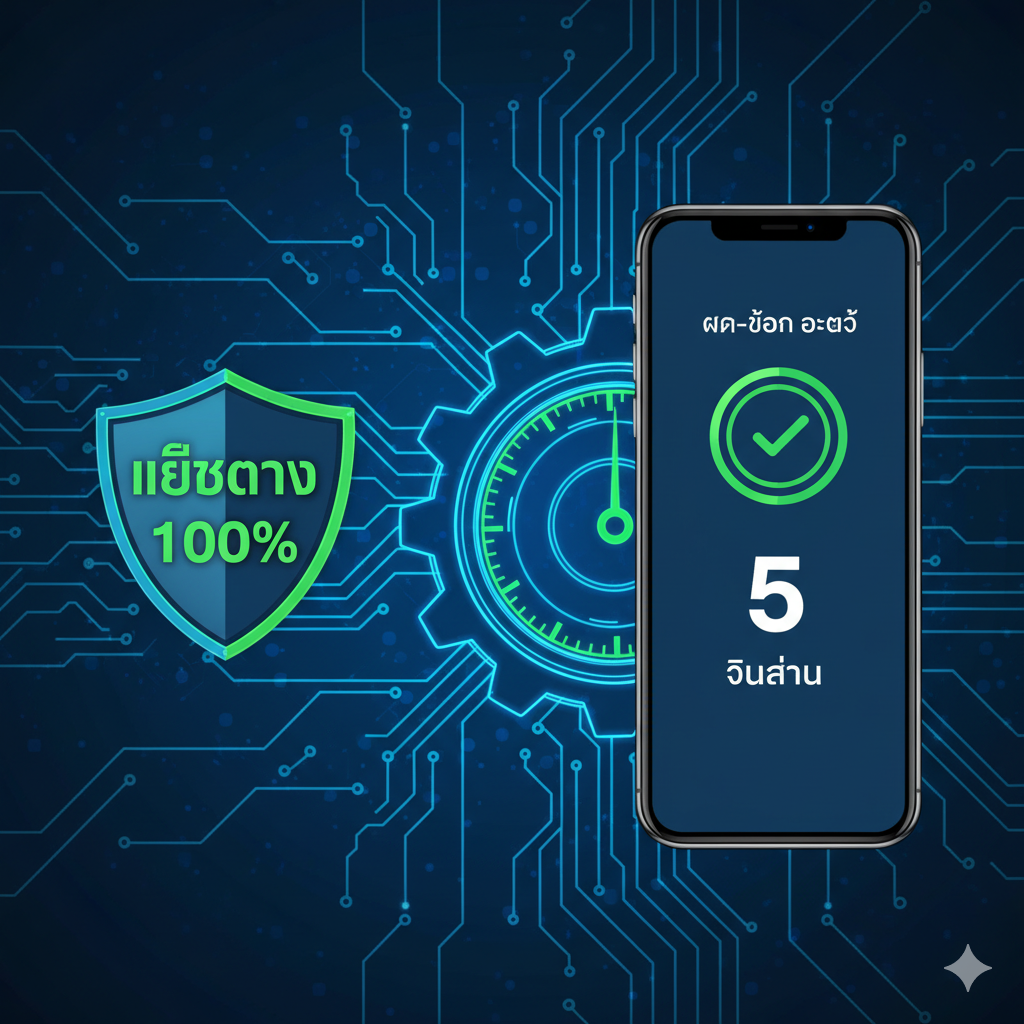 功能特性图，重点突出“เว็บตรง”和“ฝาก-ถอน ออโต้ 5 วินาที”的特点。画面主体是一个正在高速运转的齿轮或计时器，代表速度和效率。背景是科技感的蓝色电路板图案。画面的左侧有一个醒目的“เว็บตรง 100%”盾牌图标，右侧是一个智能手机屏幕界面，显示着一个绿色的“成功”交易提示，并附有“5 SECONDS”的倒计时数字，强调极速存取款。整体色调为蓝、绿、白，突出科技感和可靠性。