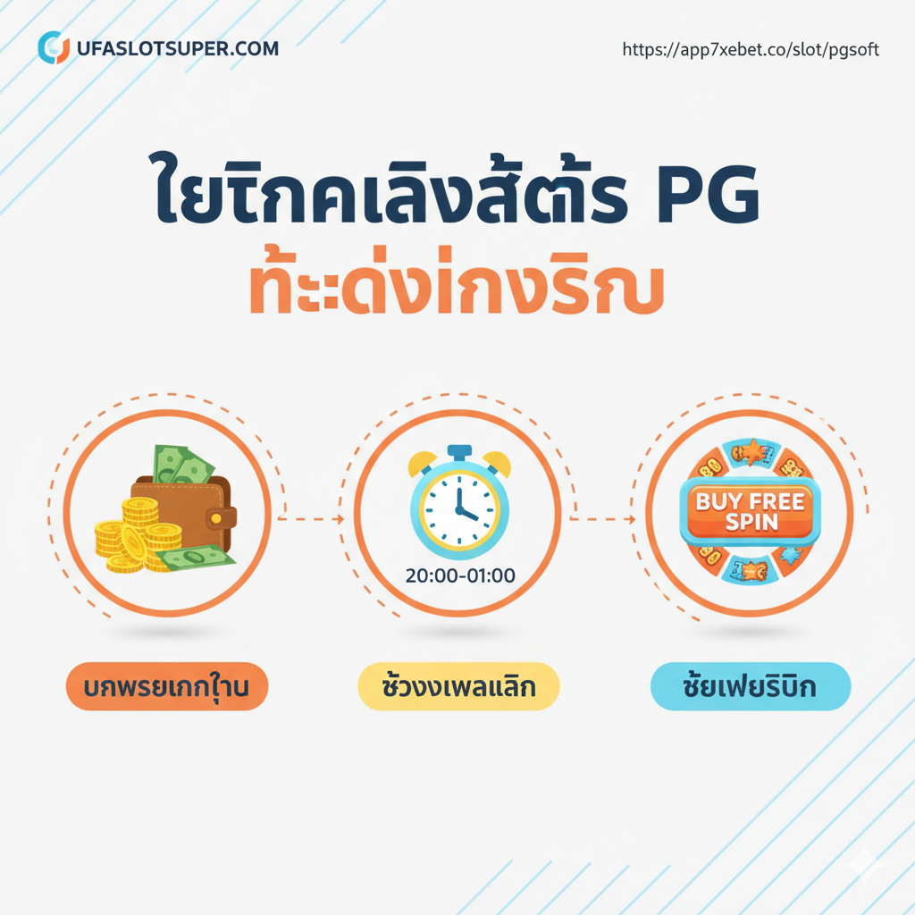 教程图,主题是“เทคนิคเล่นสล็อต PG ให้ได้เงินจริง”。图片应包含三个并列的图标,分别代表“บริหารเงินทุน”、“ช่วงเวลาเล่น”和“ซื้อฟรีสปิน”。第一个图标是一个堆叠的硬币或钱包,象征资金管理;第二个图标是一个时钟,指针指向晚上(如20:00-01:00),代表最佳游戏时间;第三个图标是一个老虎机上的“Buy Free Spin”按钮或一个闪烁的Free Spin符号。整体风格是信息图表(Infographic),使用明亮且易于理解的颜色,如橙色、黄色和浅蓝色,使信息清晰。