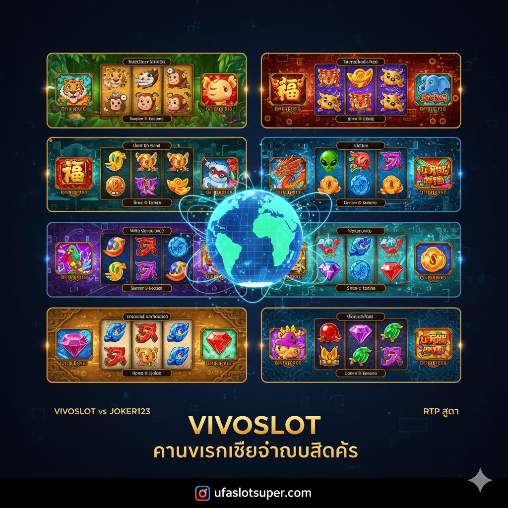 ภาพแสดงการรวมกันของภาพหน้าจอเกมสล็อต Vivoslot ที่หลากหลายพร้อมสัญลักษณ์การเชื่อมต่อข้ามพรมแดน